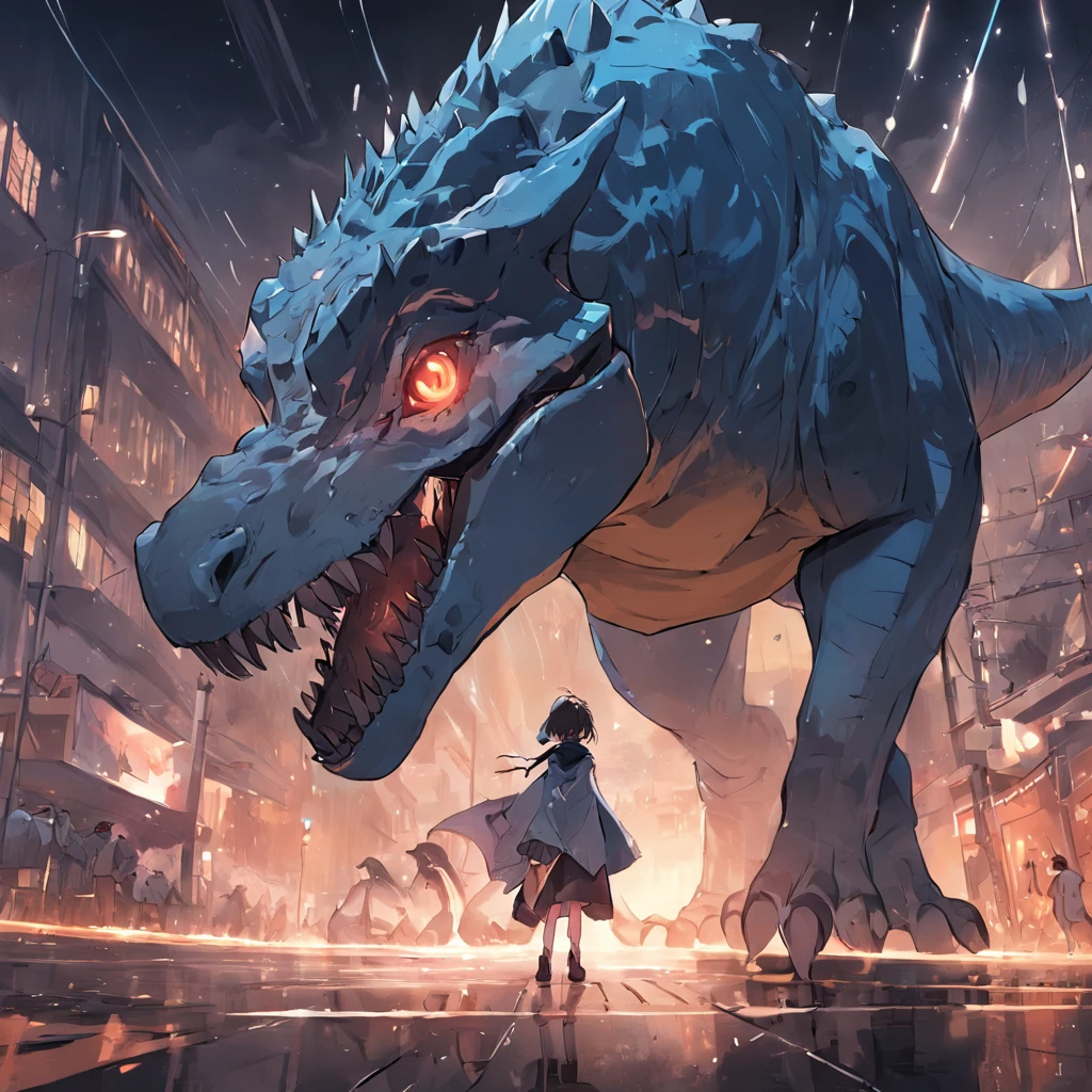 Dinosaurs carry wolves,Museum,nigth,On the street,Run down the street,