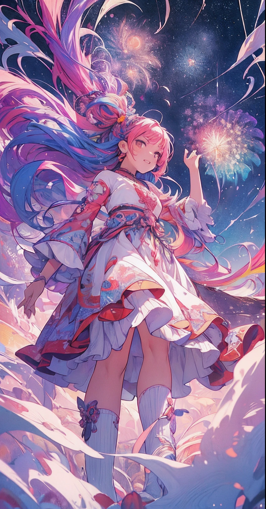 ((Fireworks display seen from space)),(Lots of 10-shakudama fireworks fill the sky:1.53),Fireworks display beyond imagination,innocent smiles,Girl in the sky,Never seen,Seven colors,(1girl in),(Cute smile),(The clothes are intricate dresses with a white base:1.4),(Lots of light particles spin around the girl) ,(Best Impact:1.5), (maximalism:1.7),,Vivid contrast, (Realistic),,hyperrealistic illustrations,,hight resolution,,ultra-detailliert,,absurderes,(Fractal Art:1.3),Braided hairstyle,Gradient long hair,FULL BODYSHOT,Photographing the sky from below,Precise focus,randome pose,cinema4d,Drama