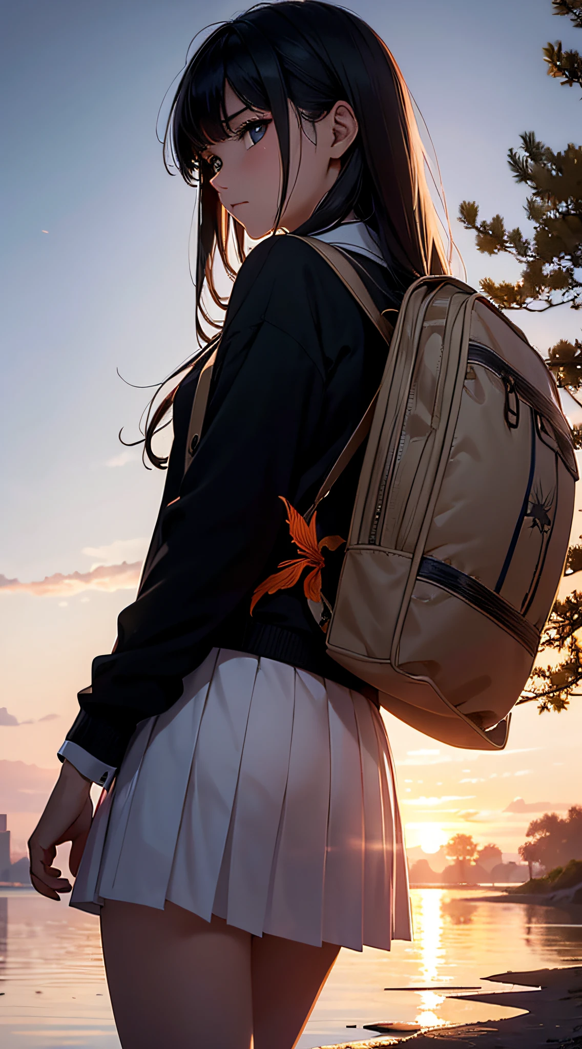 Unity 16K Wallpaper, Masterpiece, Best Quality, Ultra-Detailed, Extremely Detailed CG, Caustics, Cinematic Lighting, Detailed, Beautiful Detailed Eyes, solo, 1girl, 16yo, In the evening, the girl sits on the embankment of the riverbed, (He has a spider lily in his hand), He looks troubled. school uniform, Student bag, The setting sun shines on the girl from behind,