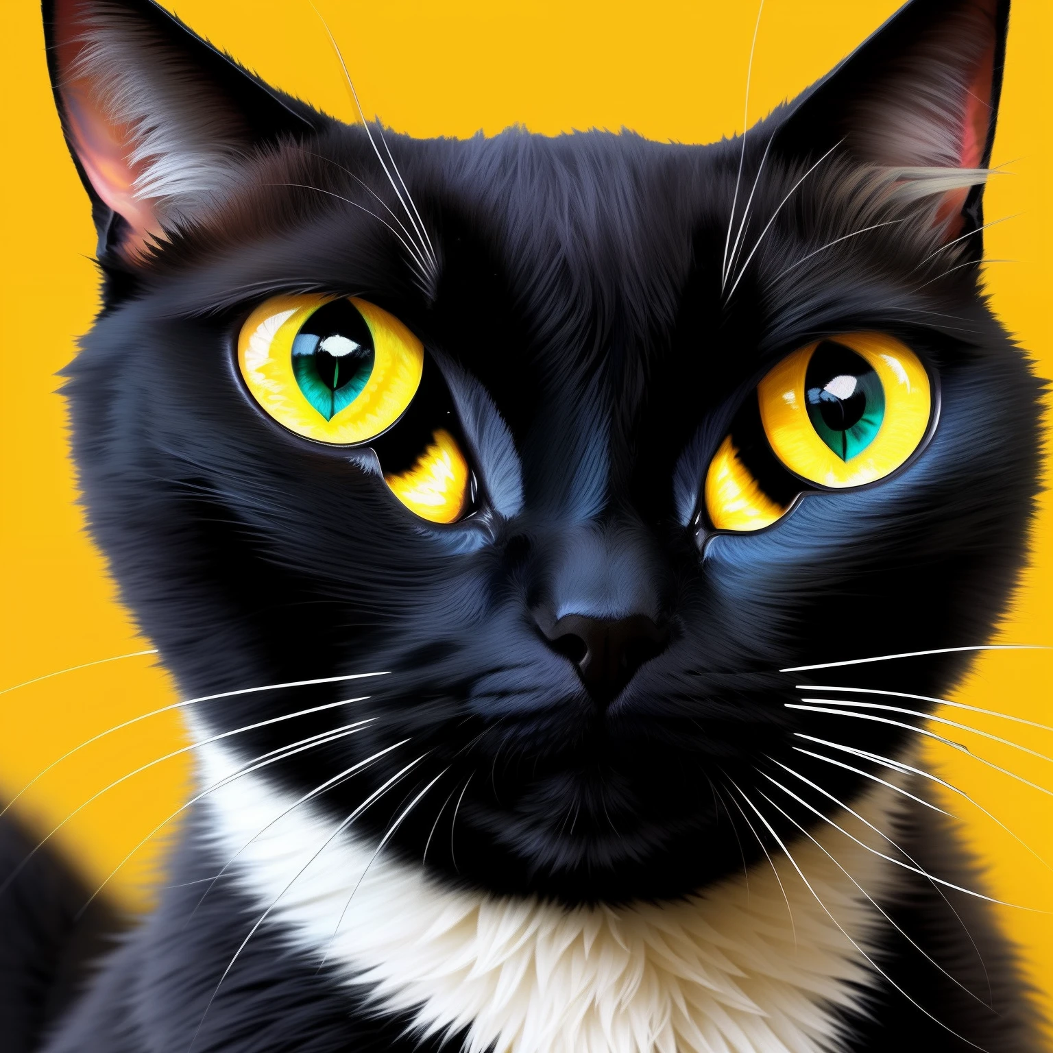 Close-up of a black cat with yellow eyes sitting on a yellow surface, anime visual of a cute cat, anime cat, Black cat, cat from the void, Kawaii cat, with glowing yellow eyes, A cute cat, illustration of a cat, Cute detailed digital art, Cute cat, cat design, cute artwork