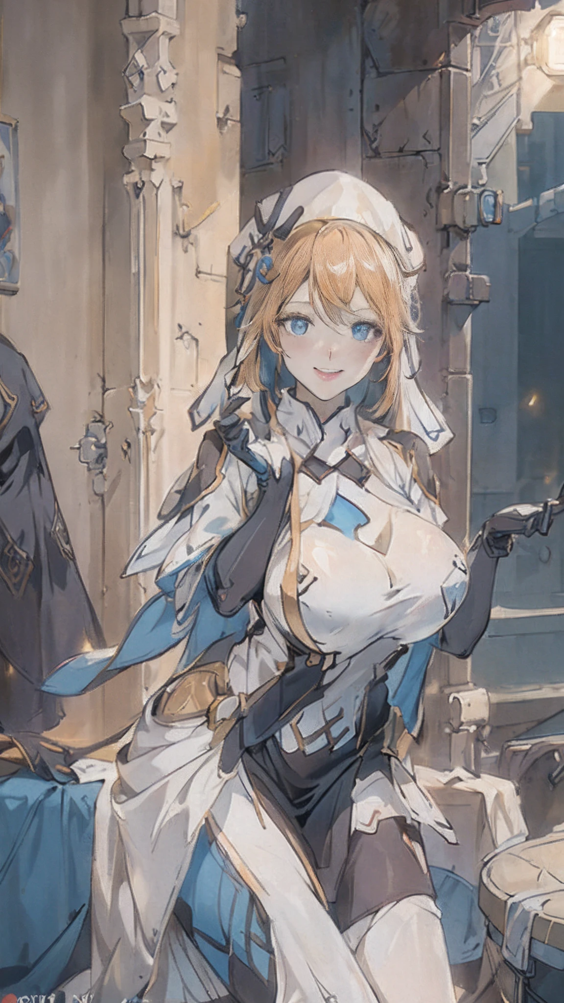 1 girl, long bread blond hair, smile, blue eyes, black and white Nun hat, high res, ultra sharp, 8k, masterpiece, looking at viewer, long black gloves,  big chest, big thigh, Sharp eyes, 
((Best quality)), ((masterpiece)), (detailed:1.4), 3D, an image of a beautiful cyberpunk female, long blond bread hair, blue eyes, HDR (High Dynamic Range),Ray Tracing, NVIDIA RTX, Super-Resolution, Unreal 5,Subsurface scattering, PBR Texturing, Post-processing, Anisotropic Filtering, Depth-of-field, Maximum clarity and sharpness, Multi-layered textures, Albedo and Specular maps, Surface shading, Accurate simulation of light-material interaction, Perfect proportions, Octane Render, Two-tone lighting, Wide aperture, Low ISO, White balance, Rule of thirds,8K RAW, 8 floating funnel, Aura
