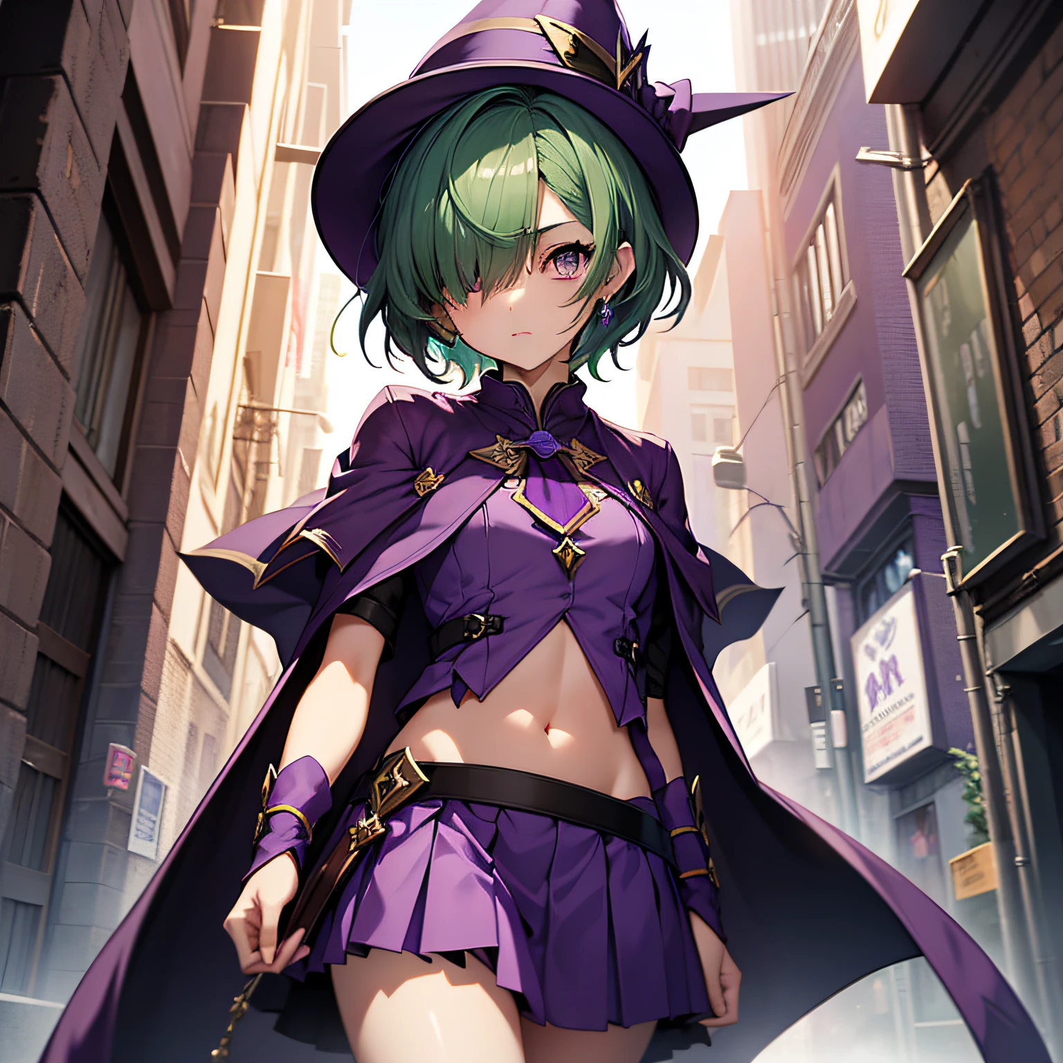 top-quality、extremely delicate and beautiful、(A teenage girl)、Purple Eye、Green hair、short-haired、(Purple pointy hat)、Purple tie、Soio、shortsleeves、Purple skirt、Purple Wizard Robe、Navel、is standing、（(Only one eye)）、（Cuts on the face）