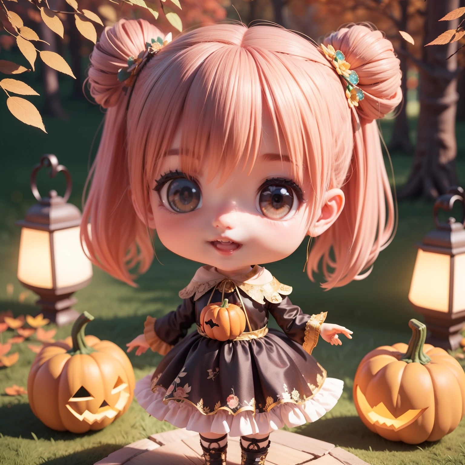 Cute Baby Chibi Anime,(((Chibi 3D))) (Best Quality) (Master Price)、Chibi Model、Black and purple dress、Detailed Tulle Hair Accessories、Autumn in the fairytale forest、Lots of realistic pumpkins、On both hands、Have a retro lantern、A detailed face、Open your mouth and smile