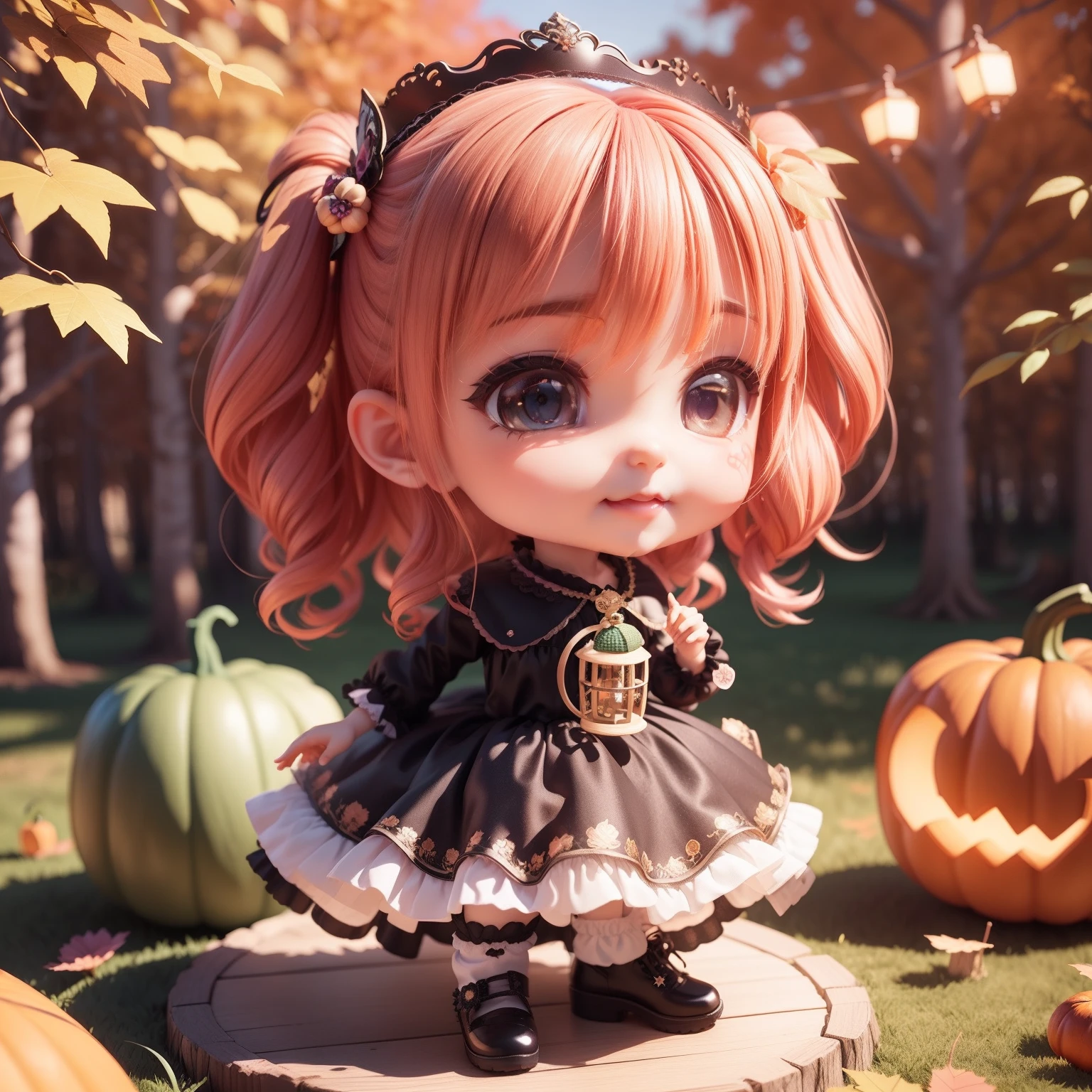 Cute Baby Chibi Anime,(((Chibi 3D))) (Best Quality) (Master Price)、Chibi Model、Black and purple dress、Detailed Tulle Hair Accessories、Autumn in the fairytale forest、Lots of realistic pumpkins、On both hands、Have a retro lantern、A detailed face、Open your mouth and smile