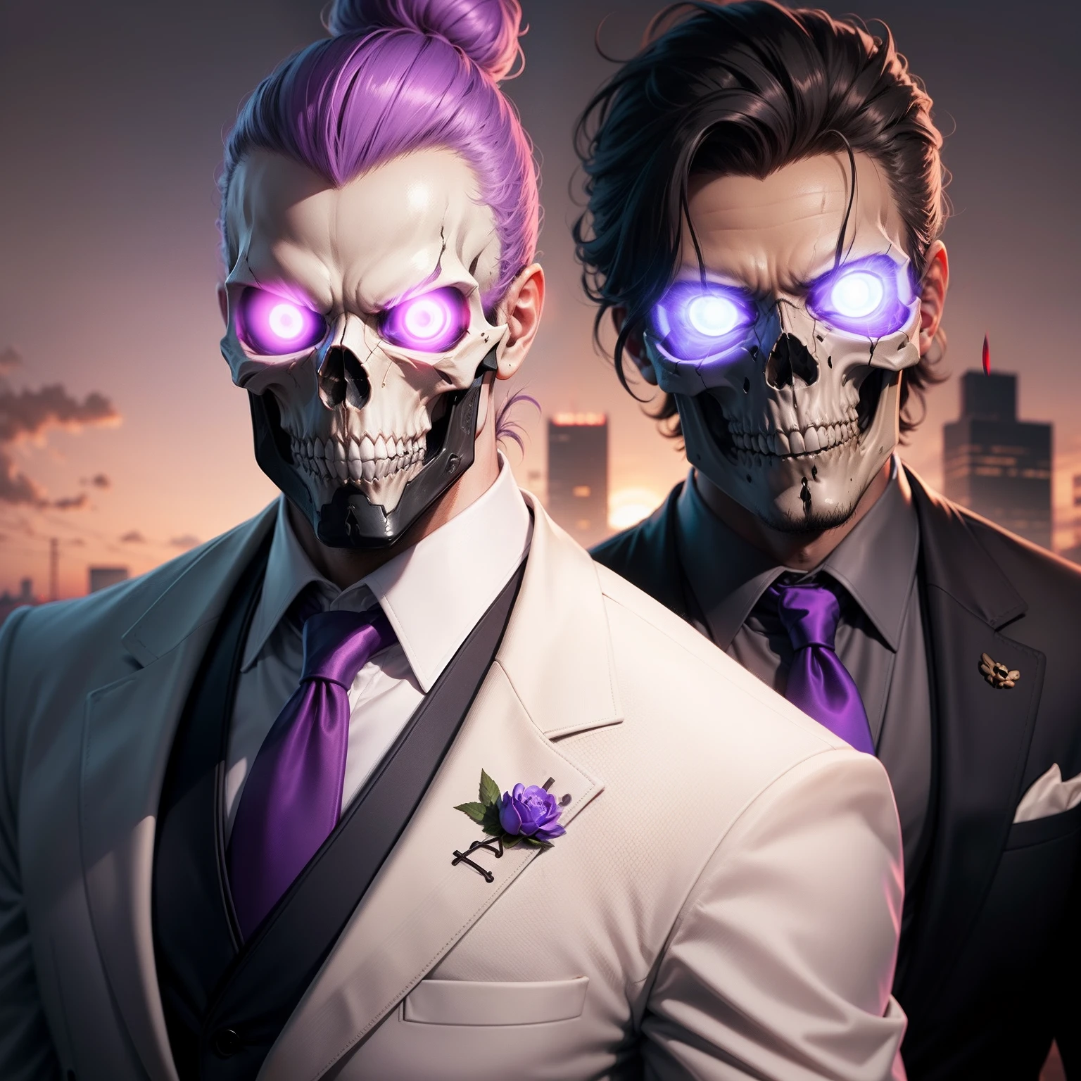 Skull Face in white suit, purple tie in sunset background, with male hair bun on top, with fully glowing eyes
