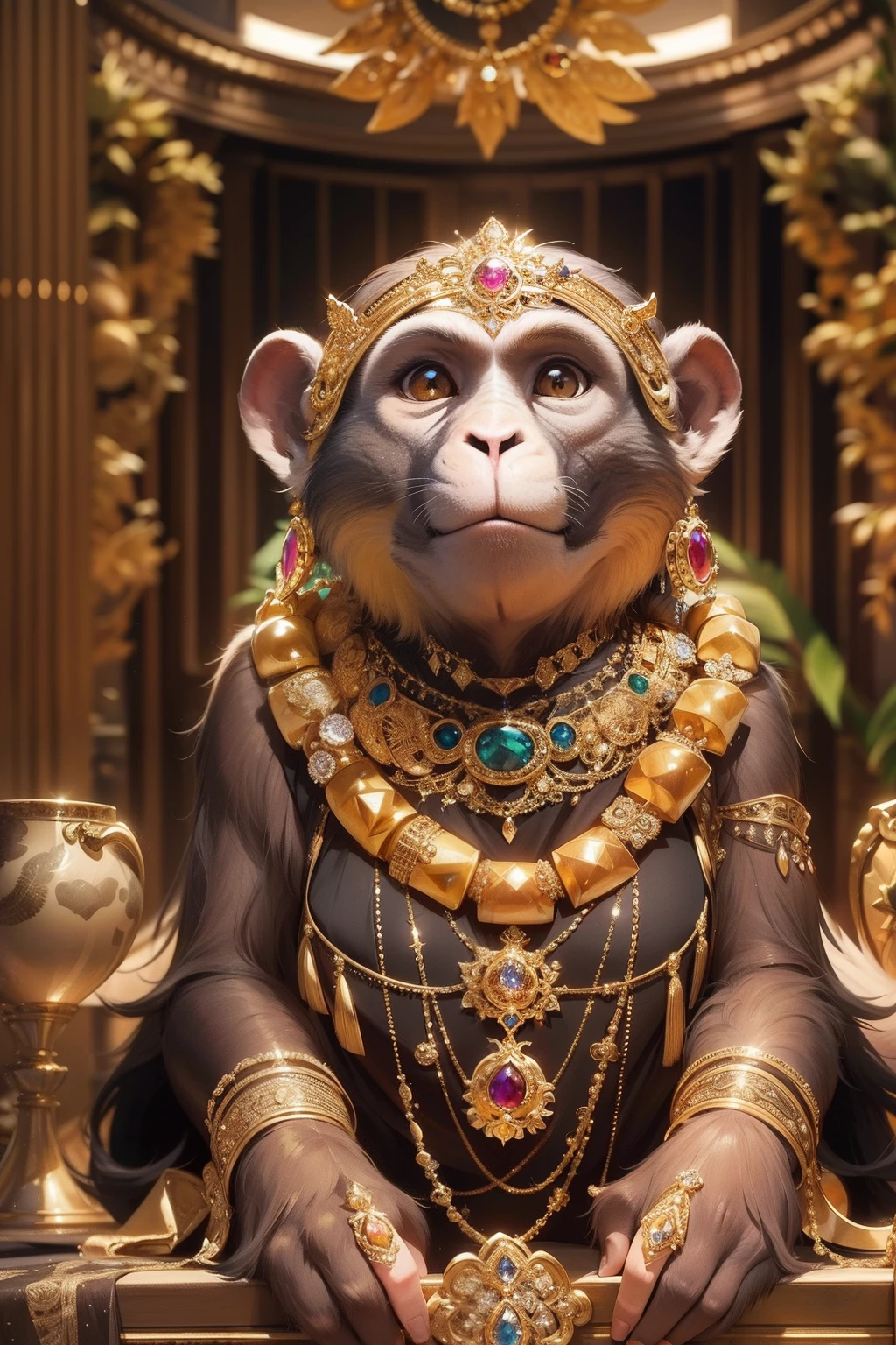 A monkey , adorned with extravagant gold and jewel-encrusted accessories, confidently poses against a sleek backdrop. The expertly lit scene highlights the monkey's polished appearance, emphasizing its unique sense of style. The composition employs a wide shot, capturing every intricate detail of the monkey's opulent jewelry. The image exudes opulence and splendor, inspiring awe with its grandeur. Crafted by a masterful photographer, this photograph beautifully showcases the allure and allure of high-end jewelry