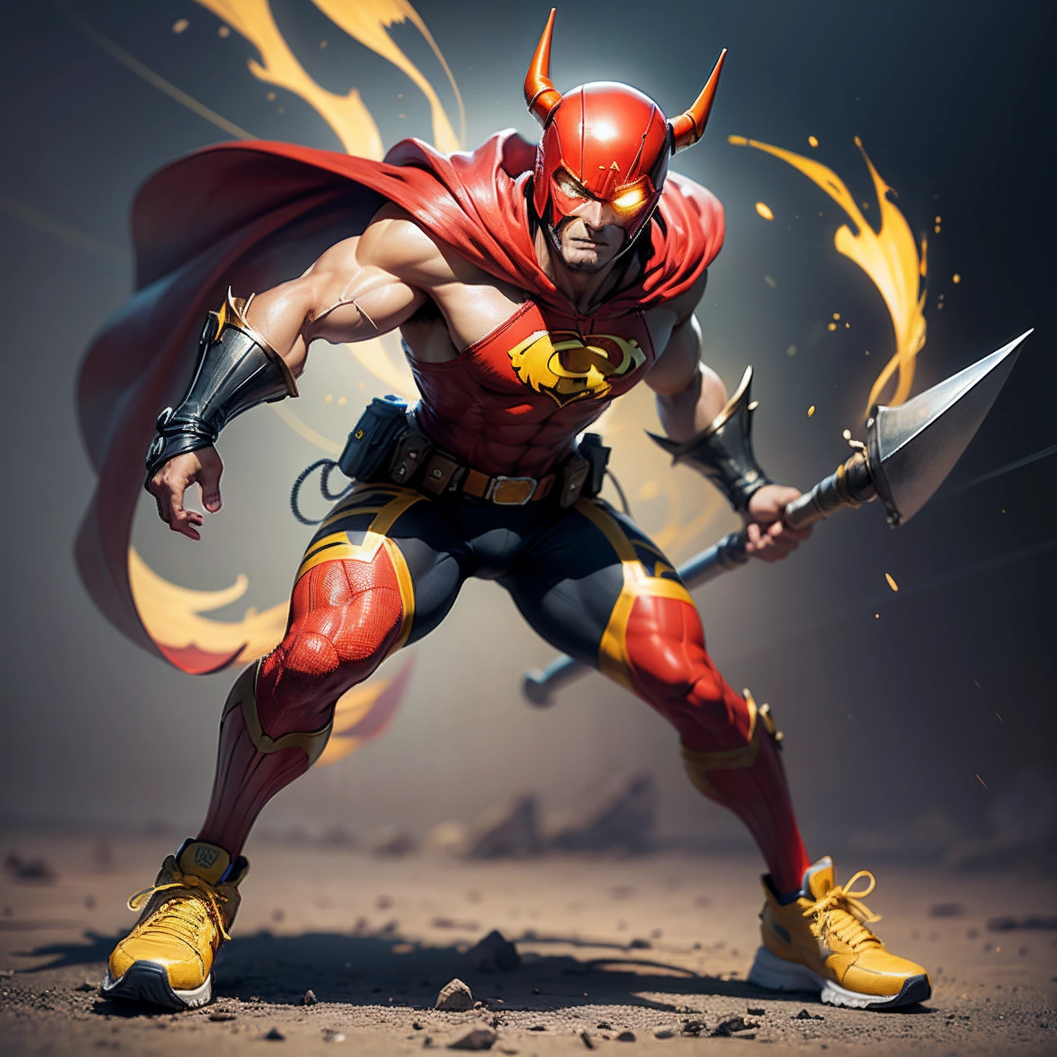 male superhero in red full body uniform, yellow sneakers, red hood with two antennae sticking out of it, yellow heart symbol on chest, holding red and yellow warhammer. --auto --s2