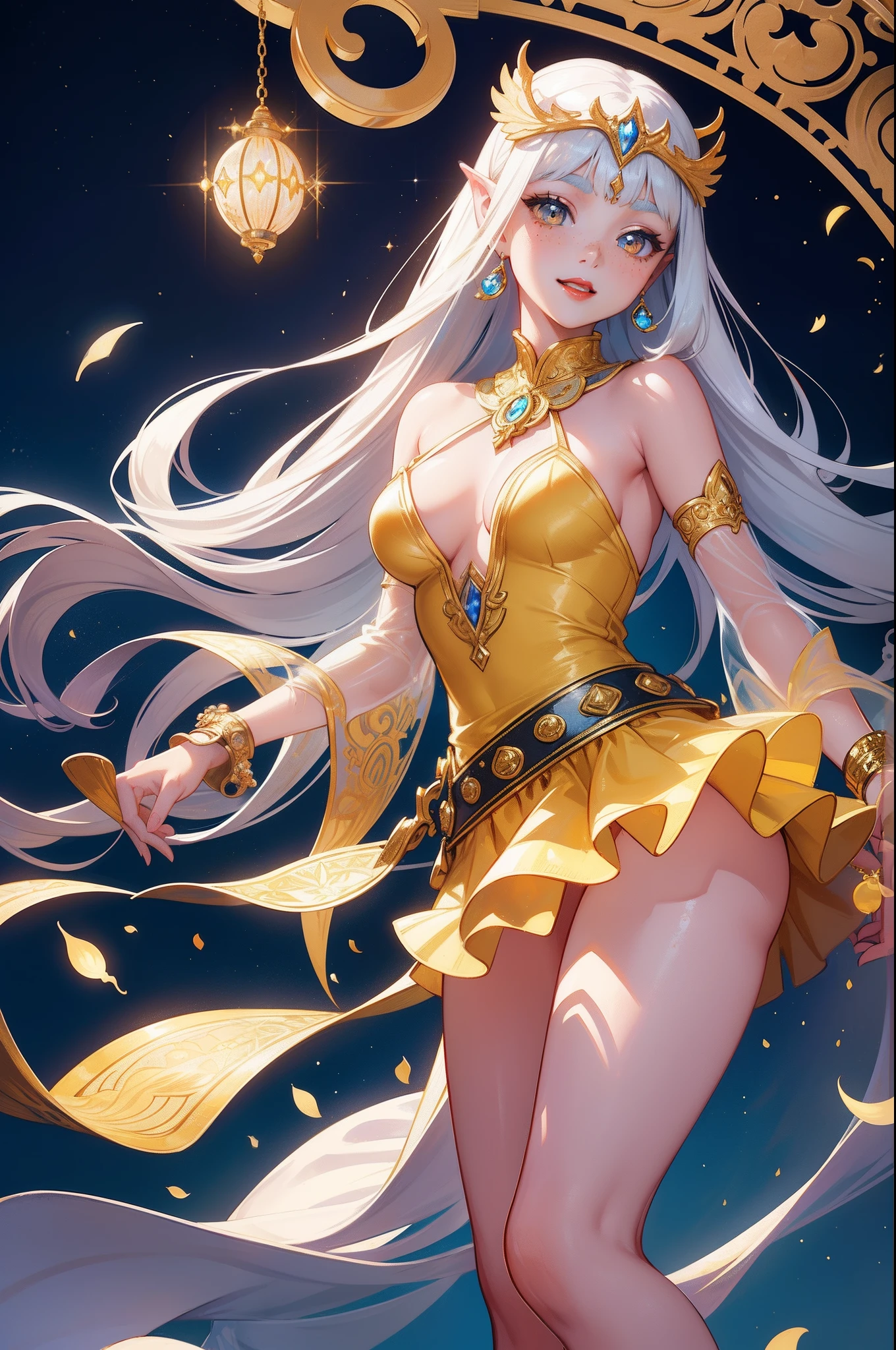 (Masterpiece), (best quality), illustration of young girl with freckles、blushed, anime, 1. **fashion**: wearing Arabian night style attire, 2. **hairstyle on**: (very very long shining bright transparent Hair:1.5), tie her hair up, hair color is platina blond, transparent and shining hair, 3. **Features**: (((a girl like Audrey Hepburn in Roman Holiday))), (smiling), (best angle), Looking to the Viewer, Contemporary Girl),(Big yellow crystal eyes), (round red lips), girl features with soft features、Beautiful、warm atmosphere, intelligent Beatty, Beautiful, smiling, happy, thinking about her boyfriend, looking to the viewers, 4. **accessorized**:Accessories play important role to express her feeling, By drawing accessories with attention to detail、You can give your character personality. 5. **background**: (fantastical and translunar Arabian night background:1.4), (surreal:1.3), (shining brightly), ((dazzling)), ((3D)), ((paper art:1.3)), (((colorful tone))), (Art Nouveau illustration:1.3, paper art:1.4), (Reasonable design, Clear lines, High Sharpness, Best Quality, Very detailed, masterpiece, Movie Light Effects, 8K), (3D), Colorful, Happy, best angle, fashion photo , model, cool