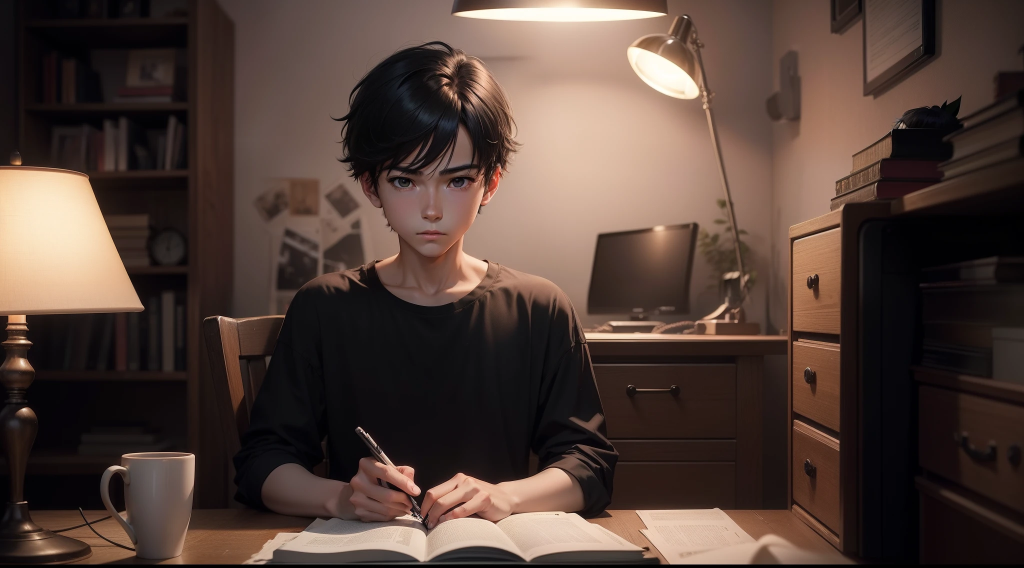 night aesthetic anime style, computer room, a 15 year boy sitting in old wood chair, boy look in camara, 2d animation style, Black hair, wear black shirt, there was a old table with book, computer and lamp is kept in front of boy, cinematic environment and cinematic lighting
