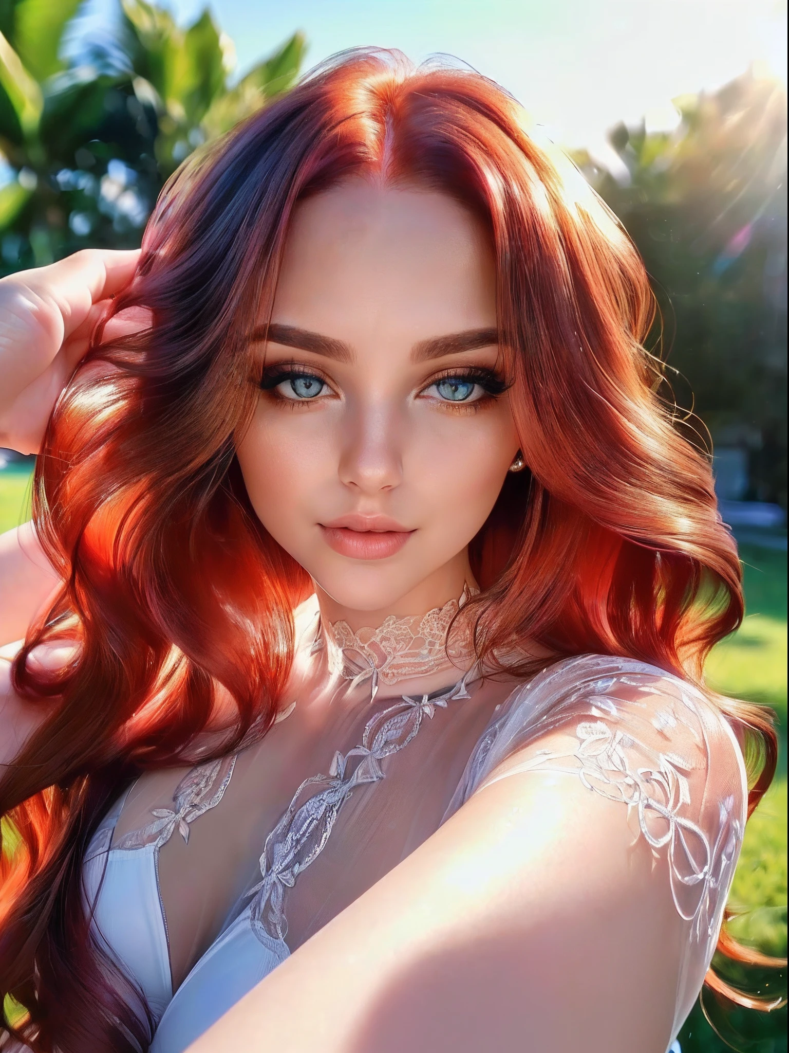 1model woman, ((soft red hair)), long hair, ((wavy hair)),high quality, best quality, (bright eyes, sun-kissed skin), (girl in transparent lace: 1.9), thick thighs, high detail, realism, high resolution, 4K, ccurate, anatomically correct, 3.5),(Very transparent clothes: 3.5), High detail, Realism, High resolution, Anatomically correct, Live action masterpiece, Ultra HD, High quality, Best quality, High resolution, (Portrait photography: 1.5), High detail, Realism, Acurate, Anatomically correct, Blurred background, Rich colors, fine details, Surreal, 50mm lens, Portrait photography, 35mm film, natural blur, transparent swimsuit, (Transparent clothes: 3.3), (chest with bumps: 1.9),