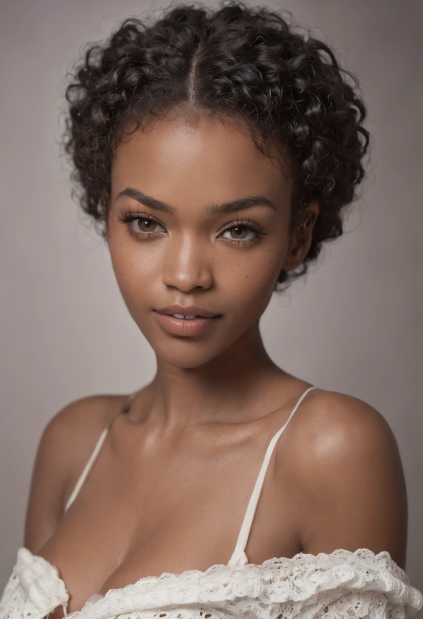 "Ultra-realistic image of a gorgeous African American girl 30 year old, ,Caramel peel, Perfect body, Take a selfie in the bathroom with her iPhone 14, Skinny, Ultra-thin waist, Black hair, African short curly hair , Piercing green eyes.Hyper-realistic,Correct anatomy,Facial features are carefully depicted,Free curls, Black curly hair, (short black curly hair), Wild black long curly hair, multiversal hair, Short black curly hair, Curly black hair, Curls, wavy hair spread out, Baroque curls, curlies, curly,Hair texture, curly bang