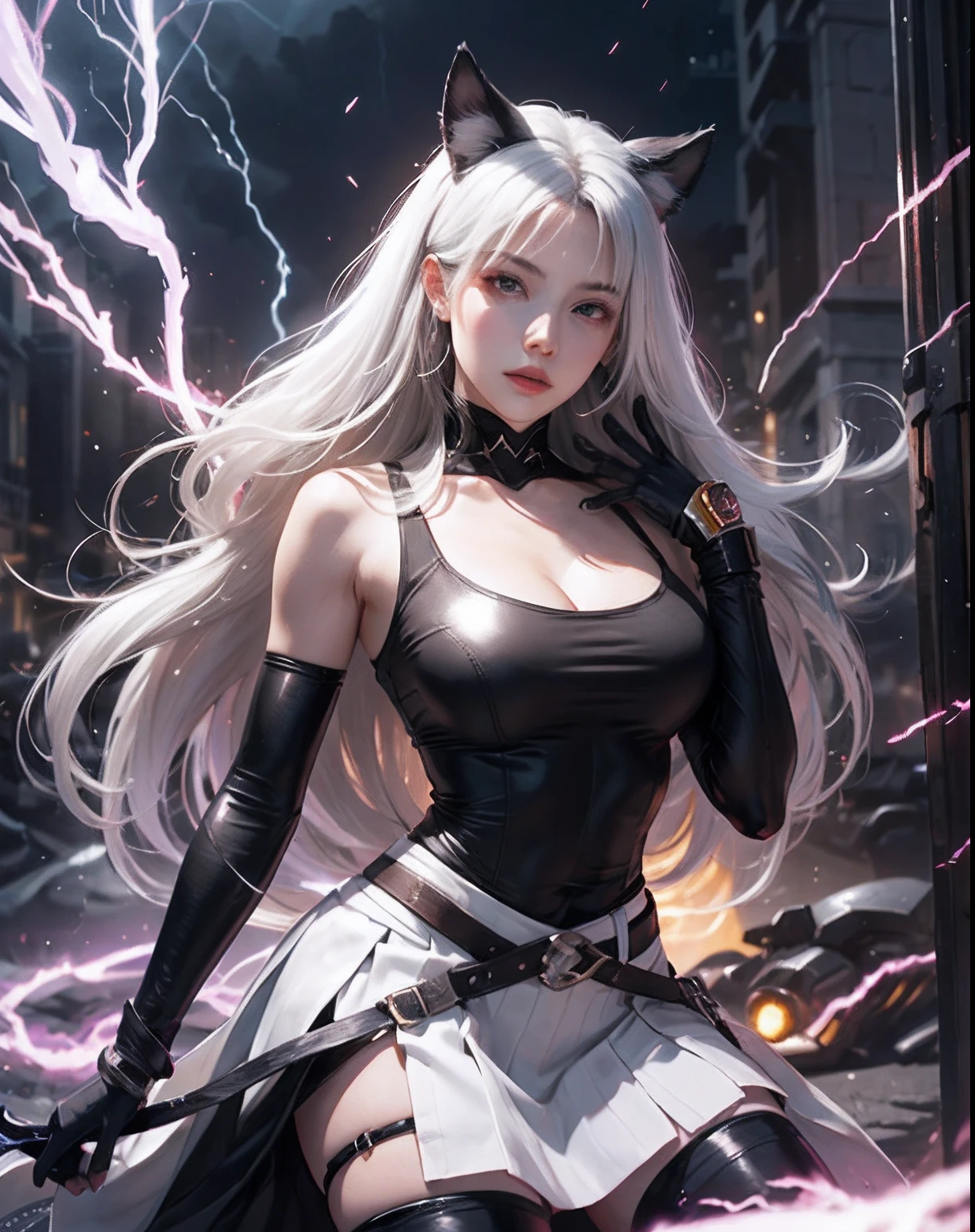 ((best quality)), ((masterpiece)), ((Super detailed)) ((Ultra High detail)) Realistic beautiful girl, white hair, red eyes, Black lace bra, Short black lace skirt, thigh highs, high heels, lightning background.