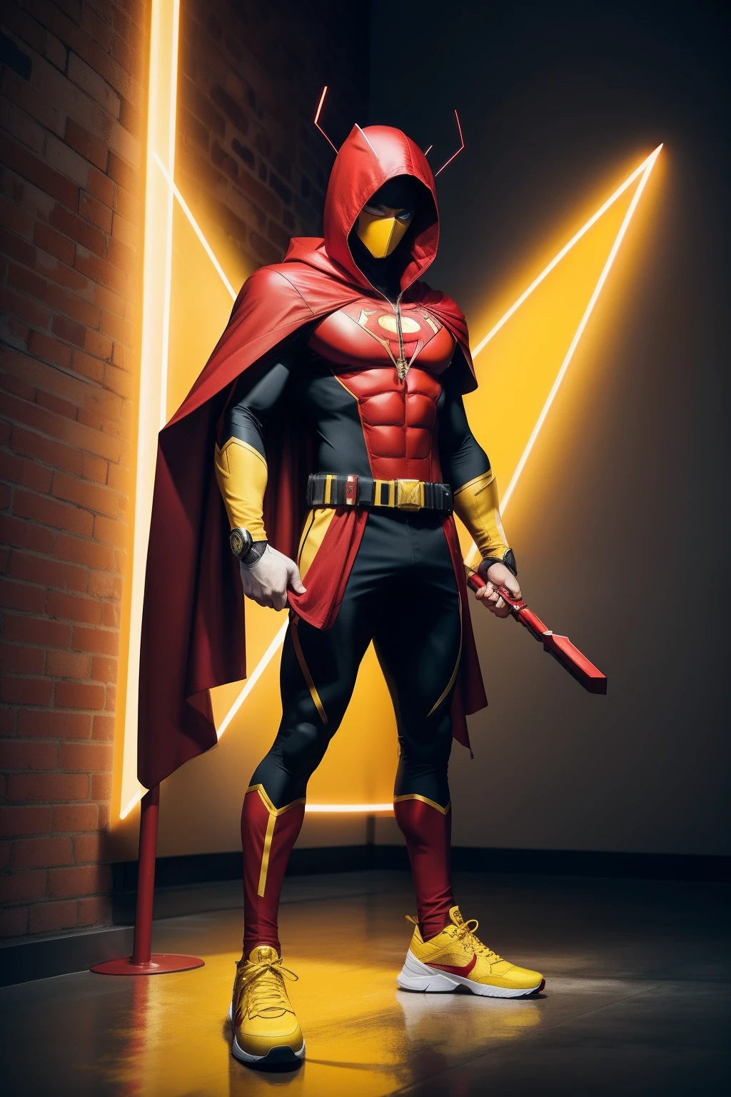 male superhero in red full body uniform, yellow sneakers, red hood with two antennae sticking out of it, yellow heart symbol on chest, holding red and yellow warhammer.
