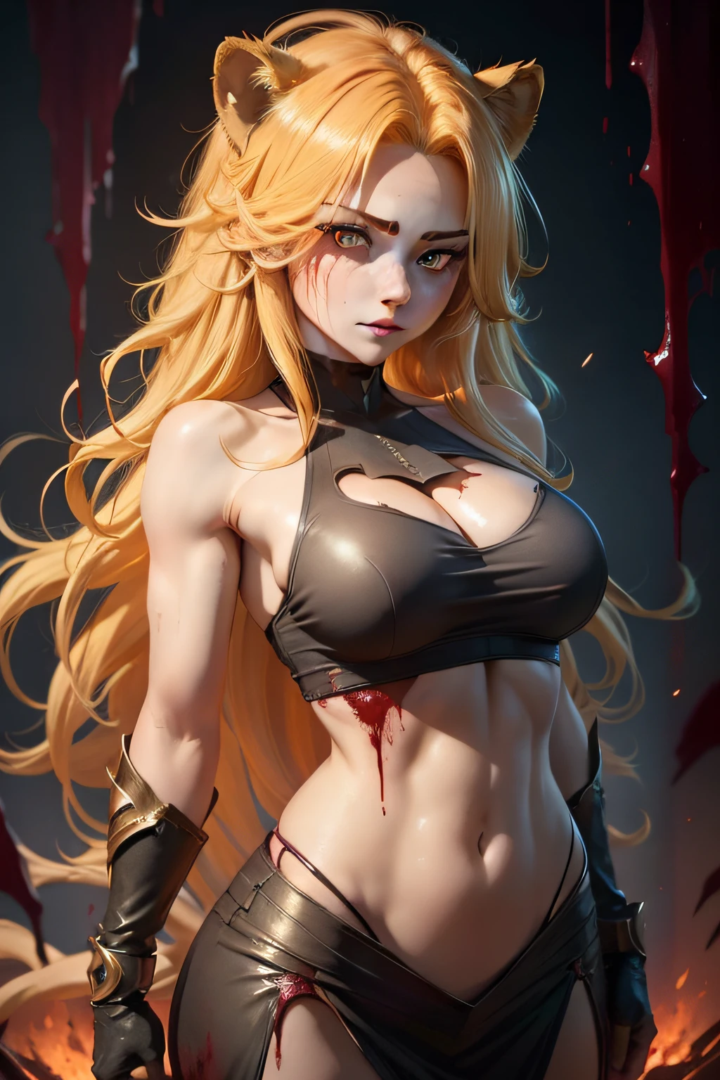 the Lion, (Medium breasts),  ((((Healthy skin)))),  standing,  Masterpiece, Best quality,  Upper body, anime big breast, ((murderer)),  (((Blood, Upper body))), Cinematic lighting, ((cheerfulness)),  Red eyes,  Glowing eyes,  Sleeveless,  Bare_bshoulders,  Yellow hair,  Long hair, ((Hot and charming woman)), (Detailed pupils), face flushed, Textured skin