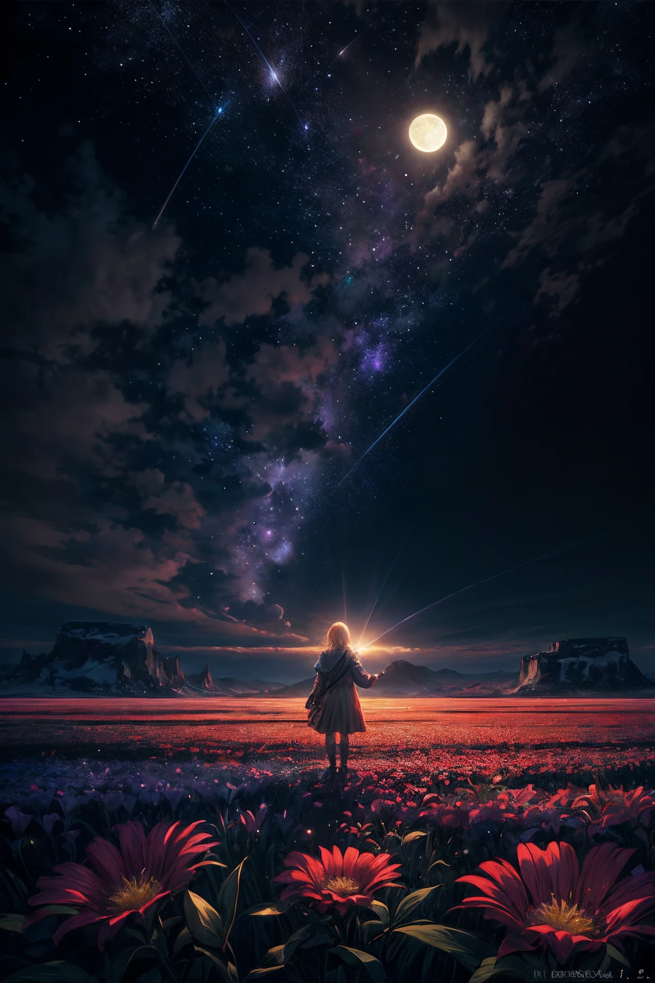 expansive landscape photography, (a bottom view showing the sky above and open country below), a girl standing in a field of flowers looking up, (full moon: 1.2), (shooting stars: 0.9), (nebula : 1.3), distant mountain, BREAK tree production art, (warm light source: 1.2), (Firefly: 1.2), lamp, lots of purple and orange, intricate details, volumetric lighting, BREAK realism (masterpiece: 1.2) , (best quality), 4k, ultra-detailed, (dynamic compositing: 1.4), highly detailed, colorful details, (iridescent colors: 1.2), (bright lighting, atmospheric lighting), dreamy, magical, (solo: 1.2)