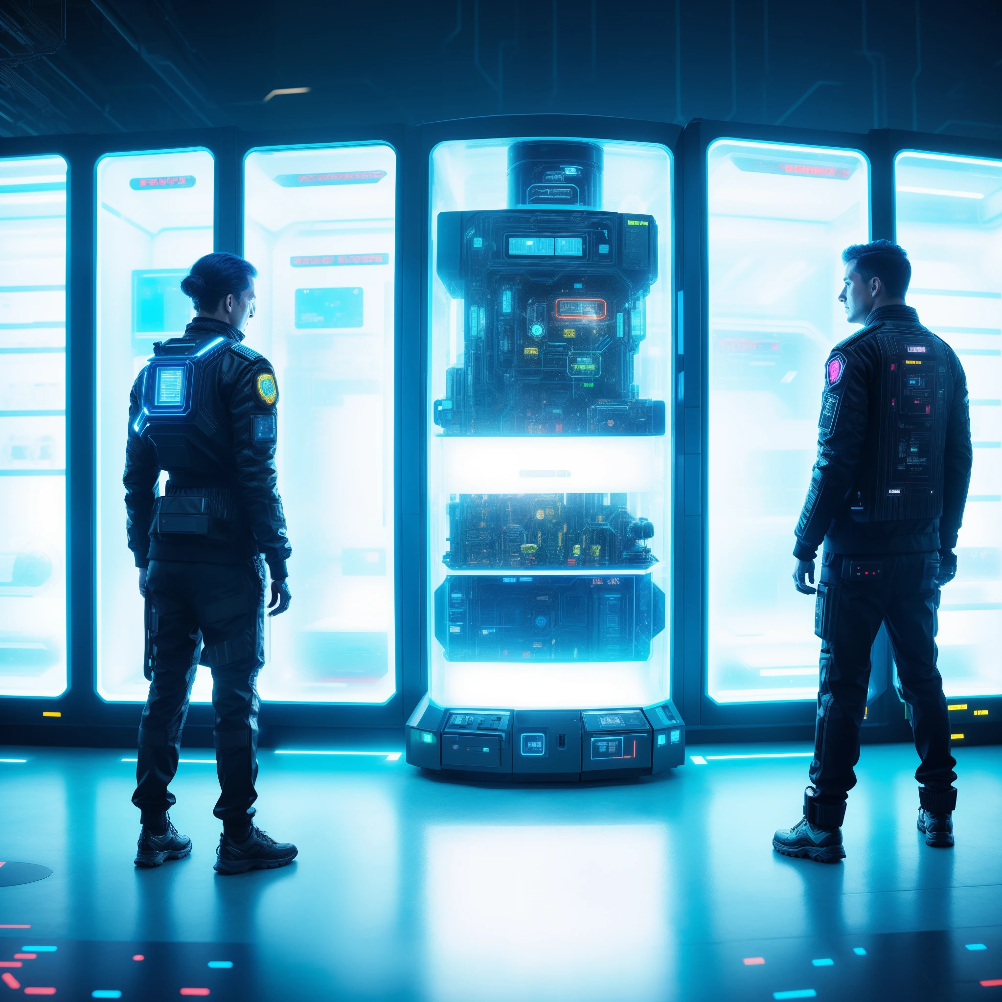 a man and woman in cyberpunk uniforms  standing in front of a beeple , in style of beeple, beeple and Jen winkelmann, beeple and Ben hildebrandt, sci-fi vending machine, sci - fi vending machine, robot in a server room, beeple |, beeple style,