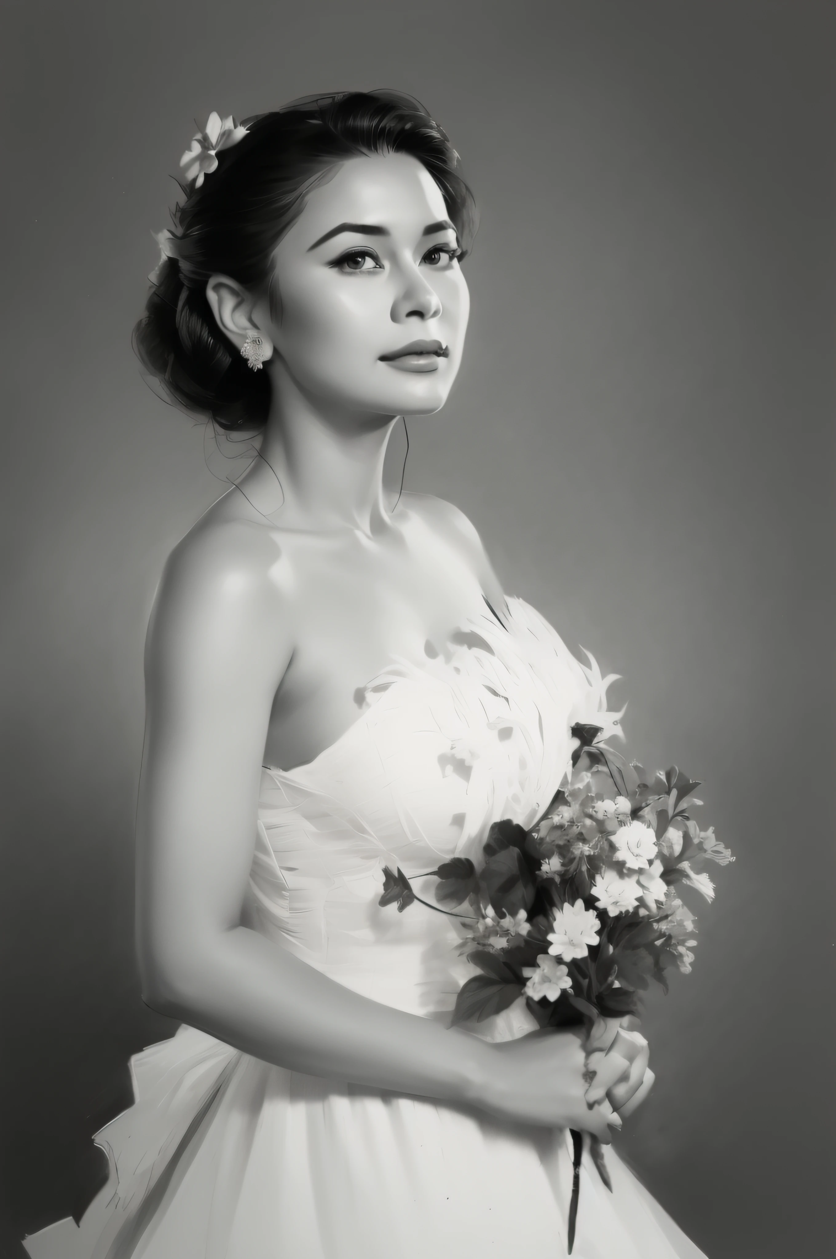 A charcoal sketch drawing of a Burmese woman in a dress and a flower in her hair, artistic portrait drawing, portrait black and white, , black and white portrait, photoshoot portrait, b&w sketch drawing by Andrew Loomis, Norman Rockwell.