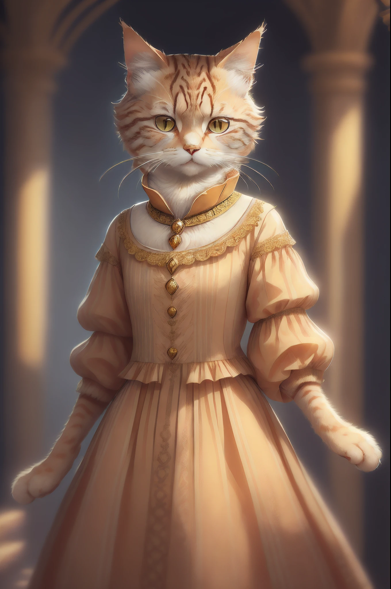 (Close up photo of an olei tabby cat walking on the catwalk:1.2), (c4ttitude:1.3), Paris Collection, Hyperrealistic intricate detail, (Ambiguous:1.1), Baisho's Perspective, Dressed in the latest fashion, Dignified appearance, Fashion Show, Fashion Show Lighting, Photorealistic,Hair all over the body,cat hand、cat paws、Cat's tail