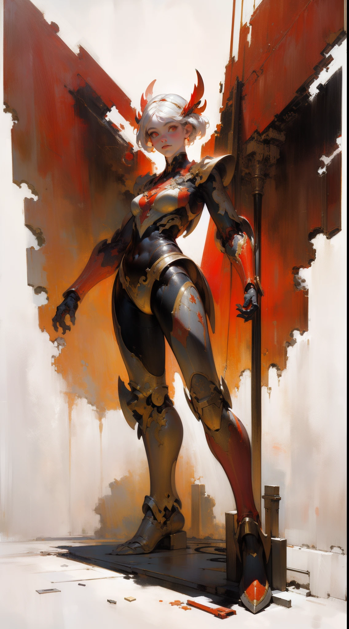 ,(Clear face:1.2),Brush strokes,A high resolution(Close-up:1)Thick,lens_flare,film_composition,cinematic ligh_lighting(Don't look at the camera:1.4)(Look away:1.4)Solo, (White and red color scheme:1.4),(Classical painting strokes:1.4),Mecha,mechanicalparts,Robotic arm,Mechanical cuirass,(1girll:1.8),Solo,(Masterpiece, Best quality, High quality, A high resolution, Ultra-detailed),(Top light source:1.2),Highlight characters,Displays characters,Delicate texture,in a panoramic view,Wide shot,(Ultra-wide angle:1.4),(Stand:1.6),Medium distance,Feet,(The character is centered:1.2),