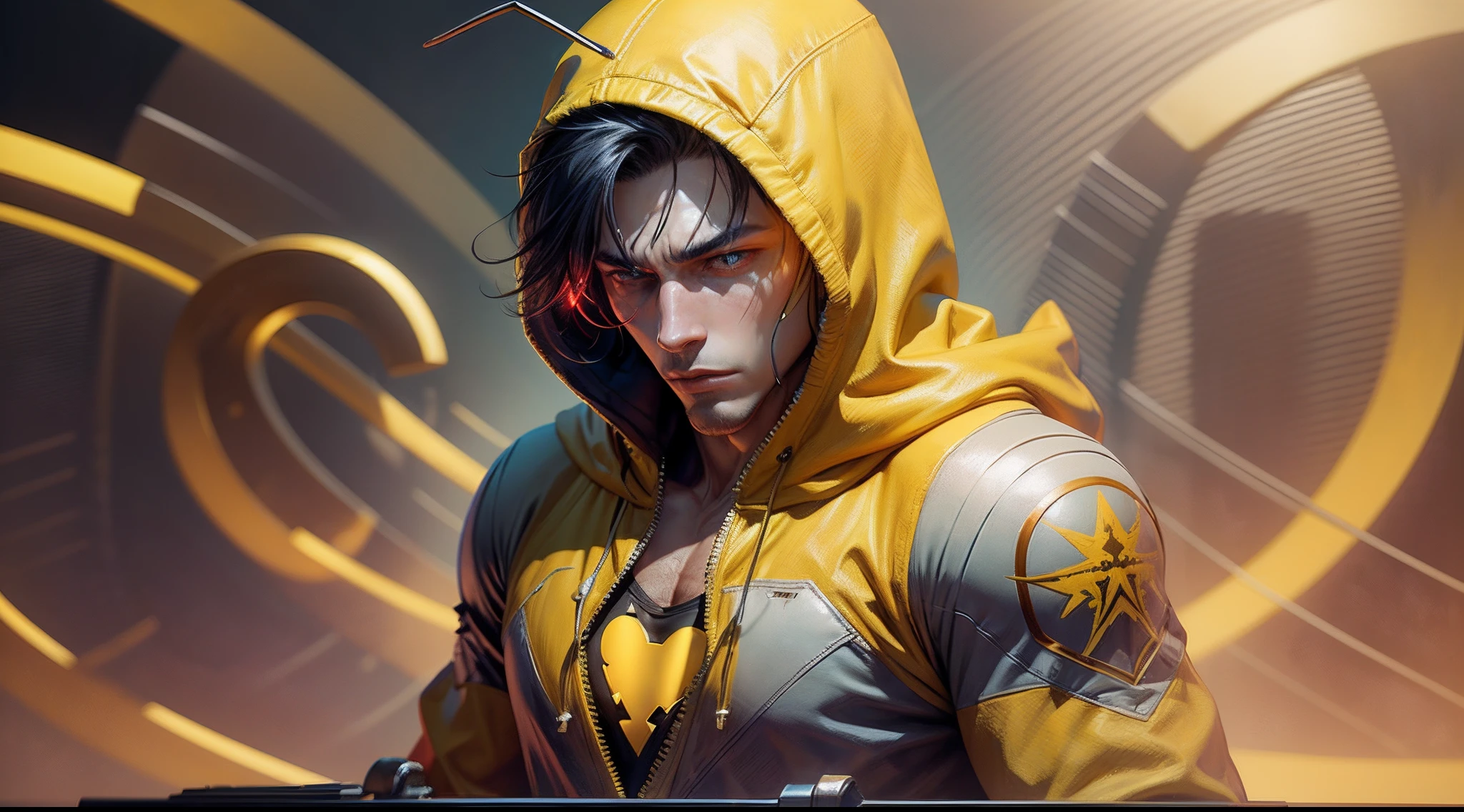 male superhero in red full body uniform, yellow sneakers, red hood with two antennae sticking out of it, yellow heart symbol on chest, holding red and yellow warhammer. --auto --s2