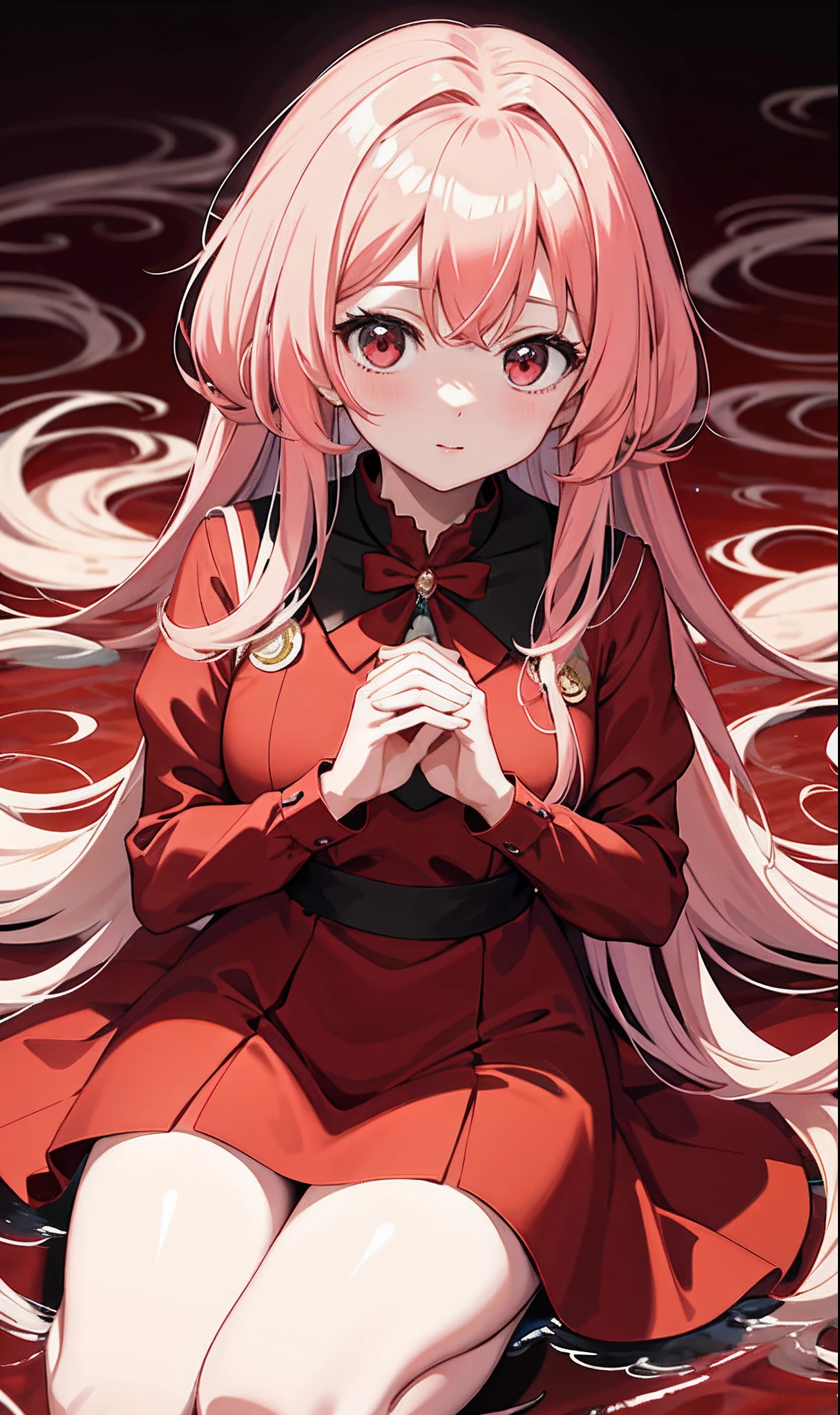 Anime girl in red dress,Put hands together andpray, hanayamata, anime visual of a cute girl, (Anime girl), An anime girl, close up of a young anime girl, up of young anime girl, anime still film anime shikishi, shuushuu anime image, Anime style. 8K, close up iwakura lain
