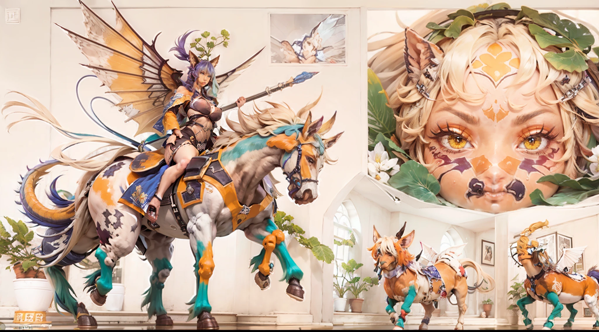 In the beautiful illustration of this super-grand scene，The ultra-long-range lens is shown（Over eight unique centaur characters：9.9），They all have their own characteristics，Vivid and interesting。Radiant angelic centaurs from the heavenly realm，To the hellish centaurs surrounded by nightmarish flames，And then to the Wind Fairy Centaur dancing in the air，There are also one-horned centaurs surrounded by thunder and lightning，and mechanical centaurs that shine with metallic light，And then to the powerful dragon centaur with colored dragon scales covering the whole body，The elegant and agile elf centaur always wears a flower crown with its slender graceful lines，Enchanting and charming Tiflin centaurs。Each character has their own unique charms and abilities。The illustration uses advanced artistic techniques and tools，（Divide the scene into sections by geometric arrangement：9.9），Each section corresponds to a centaur character，This makes more efficient use of space。Through Midjourney's advanced brush tools、Color palette、Material packs and model packs，For each centaur, beautiful props are designed to increase racial characteristics、Clothing and physical features，Enhances the character's personality and visual appeal。The scenery in the illustrations is stunning，There are changing skies、rainbowing、extreme light、Stars and Moon。Incorporating iconic landmarks such as Mount Everest，and fireworks、tranquil lake、Natural and urban elements of waves and neon lights，Creates a magical atmosphere。The centaurs display their unique abilities and equipment in a variety of environments，This is true even in extreme alien landscapes。（Use Midjourney's tools、Material packs、Texture tools、The color palette makes depicting details vivid and realistic：9.9），From complex hairstyles and as well as different racial traits、Body、Appearance features、Clothing to real textures，This greatly enhances the realism of the characters and surroundings。The fusion of multiple art styles adds movement to the centaur's