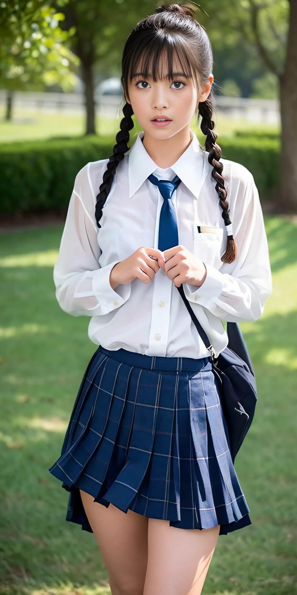 Neat and clean schoolgirl、(Schoolgirl Uniform、Loose and large shirt、shirt wet、The shirt was wet and、、、、、、are see-through、Sheer white shirt、Navy blue ribbon at the collar、School Uniform Blazer、Dark blue pleated micro mini)、Outside the field、(Slimed)、Photorealsitic、detaileds, Skin Texture, ultra-detailliert、Delicate and sexy collarbone、Super Detailed Face、Detailed lips、A detailed eye、二重まぶた、tiny chest、Smaller chest、small tit、Small、flat breast、Chest emphasis、((Very distressed look、Very embarrassed look、Lift the hem of the skirt yourself,、Show the camera your white panties))、Either a low ponytail hairstyle or a side-tail hairstyle or braid, respectively、Black tanned skin