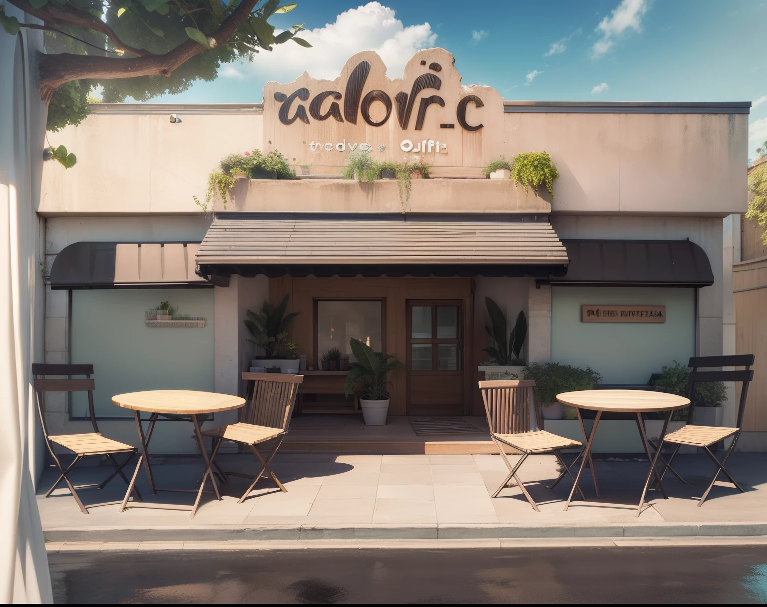 cafetria, fachada, plantas, fronview, Realistic 3D illustration
