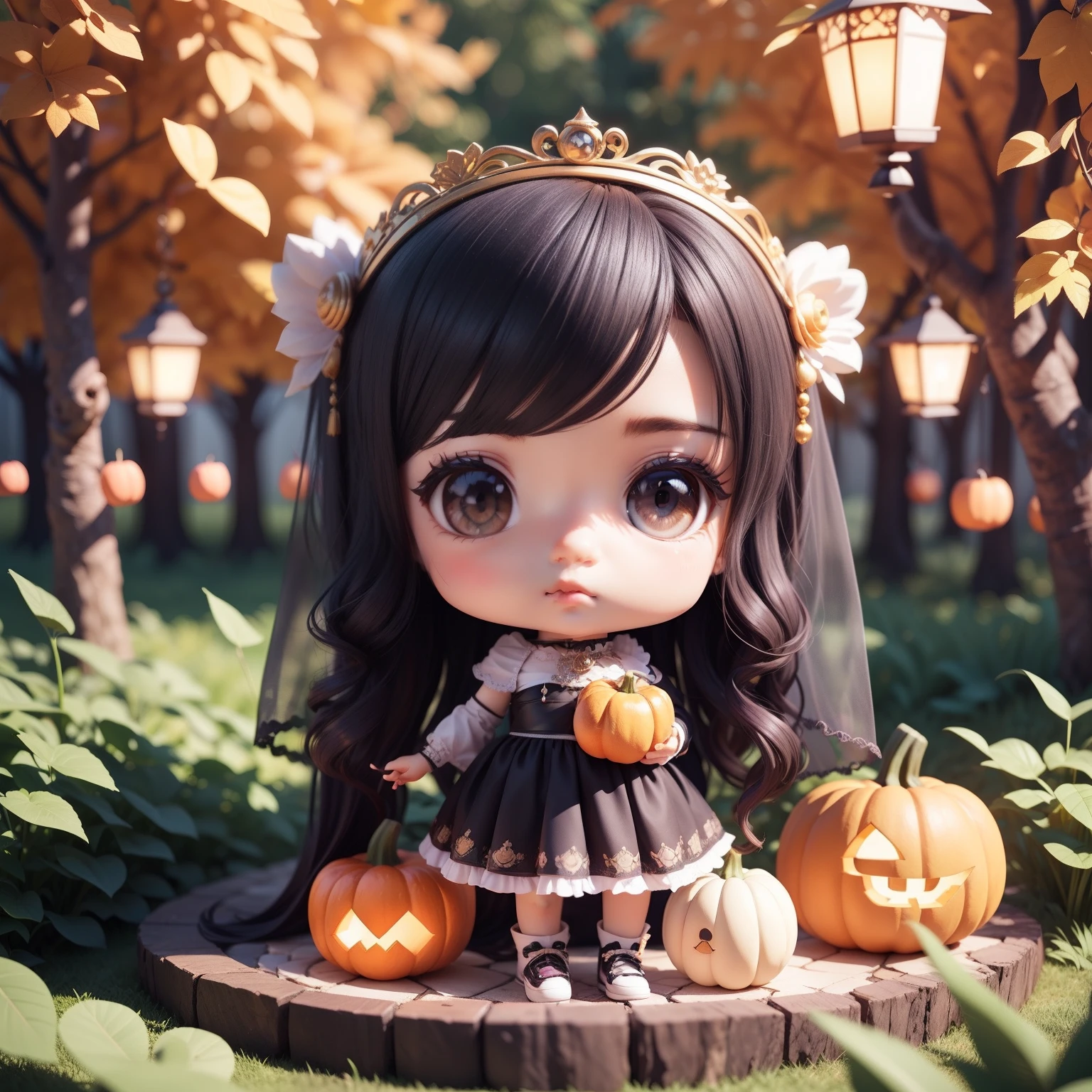 Cute  Chibi Anime,(((Chibi 3D))) (Best Quality) (Master Price)、Chibi Model、Black and purple retro dress、Black hair veil with luxurious jewels、Autumn in the fairytale forest、Lots of realistic pumpkins、On both hands、Have a retro lantern