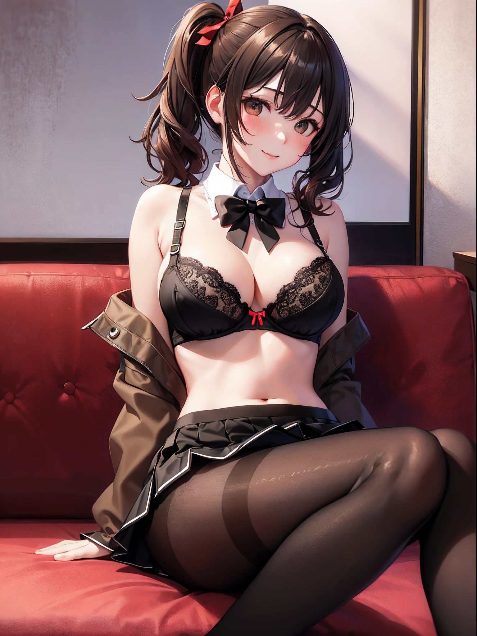 (top-quality: 1.3)、(​masterpiece: 1.3)、(The ultra-detailliert: 1.3)、(wall-paper, one girls)、(Black bra:1.3)、(Black Mini Flared Skirt:1.3)、(Brown pantyhose:1.3)、Red bow tie、(Brown hair:1.3)、Medium Hair、poneyTail、(Beautiful Large Breasts:1.3)、Luxurious living room、ssmile、sexypose、Luxurious sofa、Sit up、blushing