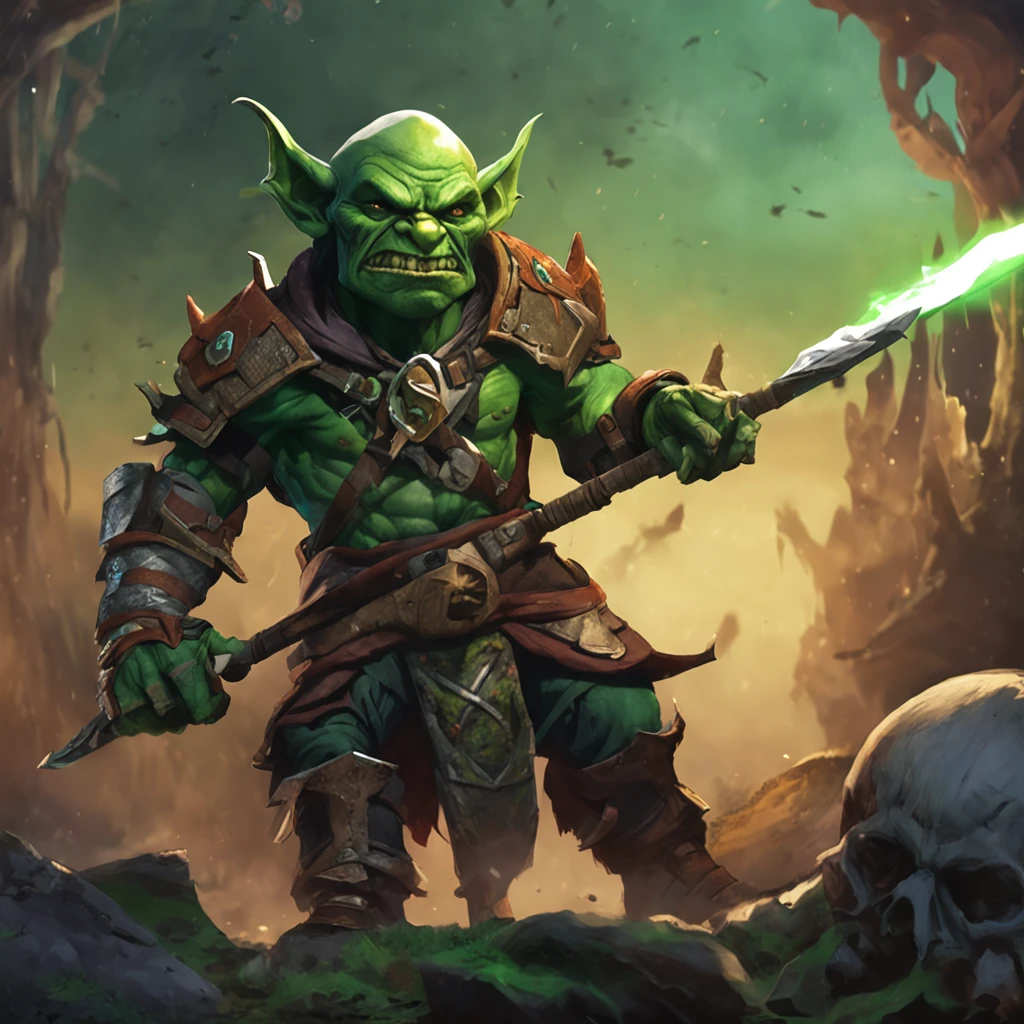 "Green-skinned goblin warrior, Wearing lieutenant regalia under a necromancer, Wielding a formidable spear."
