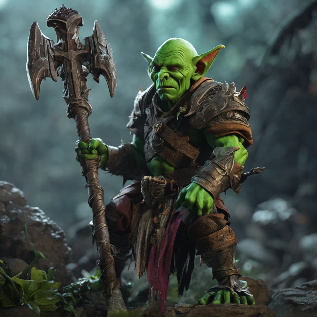 "Green-skinned goblin warrior, Wearing lieutenant regalia under a necromancer, Wielding a formidable spear."