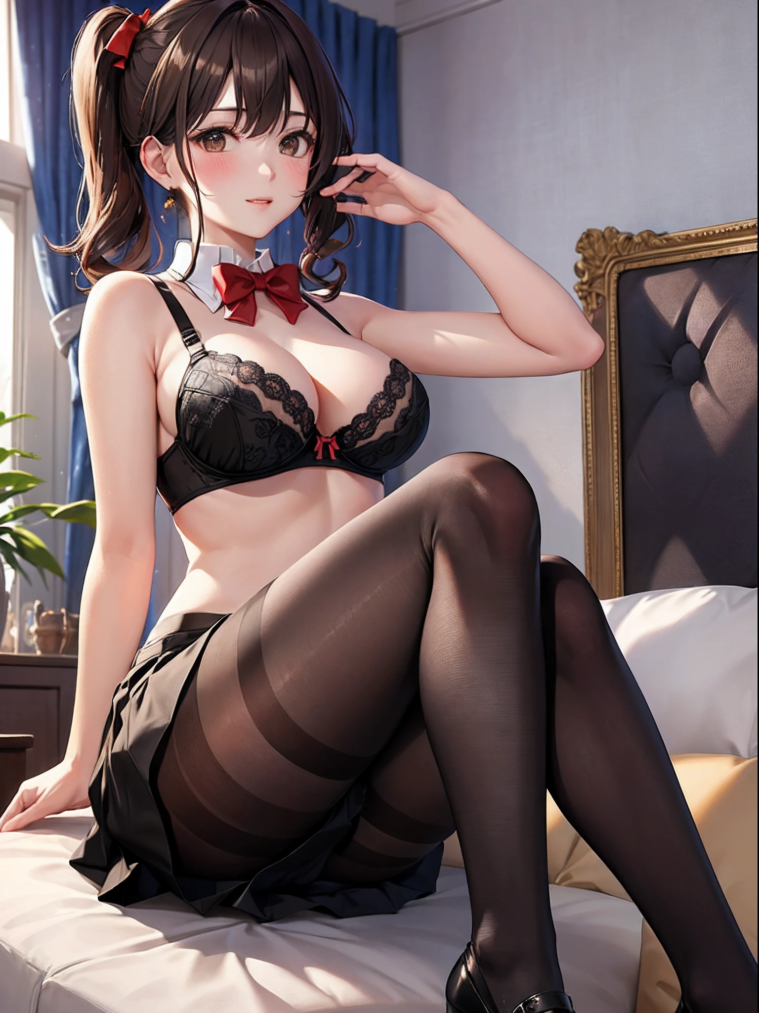 (top-quality: 1.3)、(masterpiece: 1.3)、(The ultra-detailliert: 1.3)、(wall-paper, one girls)、(Black bra:1.3)、(Black Mini Flared Skirt:1.3)、(Brown pantyhose:1.3)、Red bow tie、(Brown hair:1.3)、Medium Hair、poneyTail、(Beautiful Large Breasts:1.3)、Luxurious living room、ssmile、sexypose、Luxurious sofa、Sit up、blushing