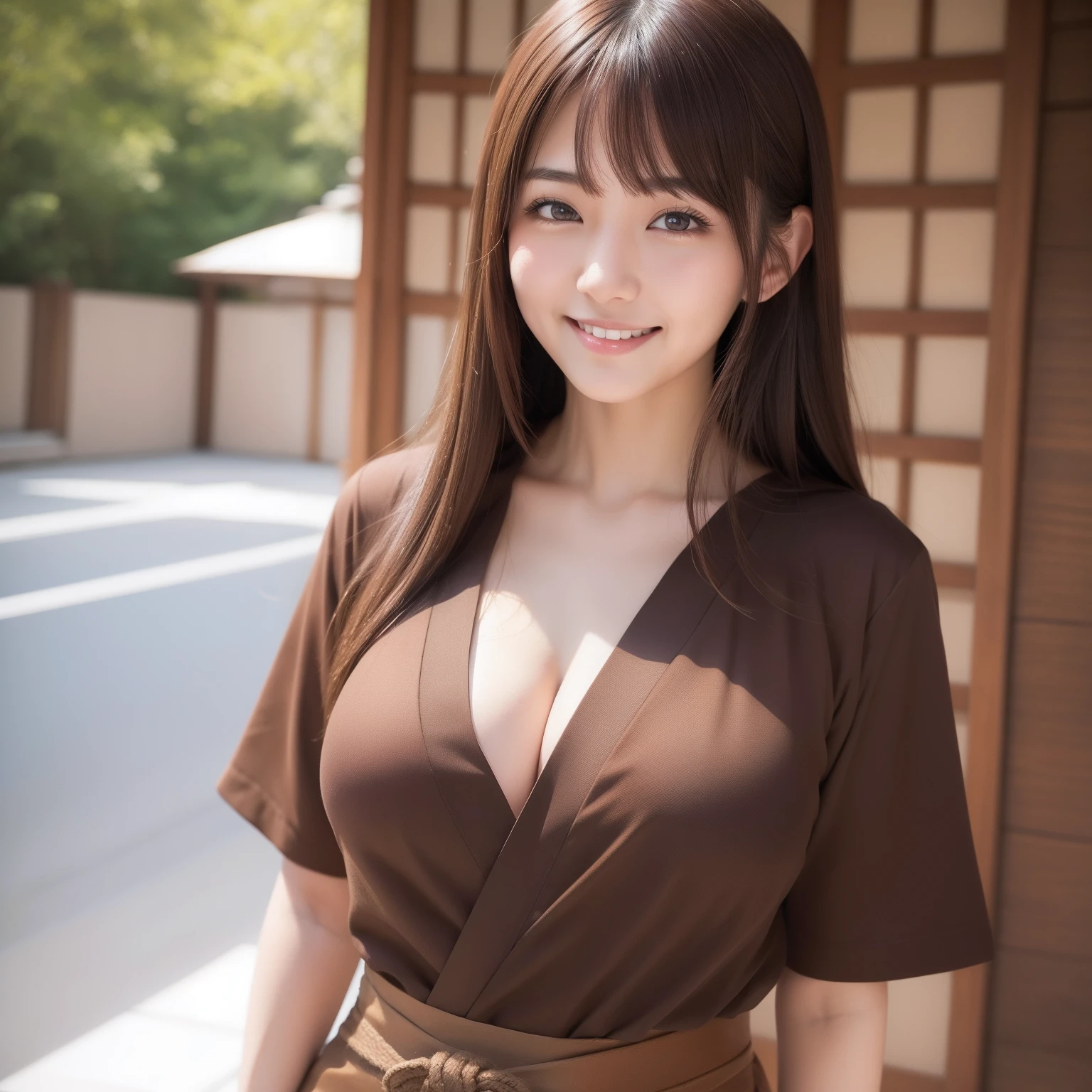 japanes、Woman with brown hair、1人の女性、Raw photography、Colossal tits(Chest hide)、shortsleeves、a smile
