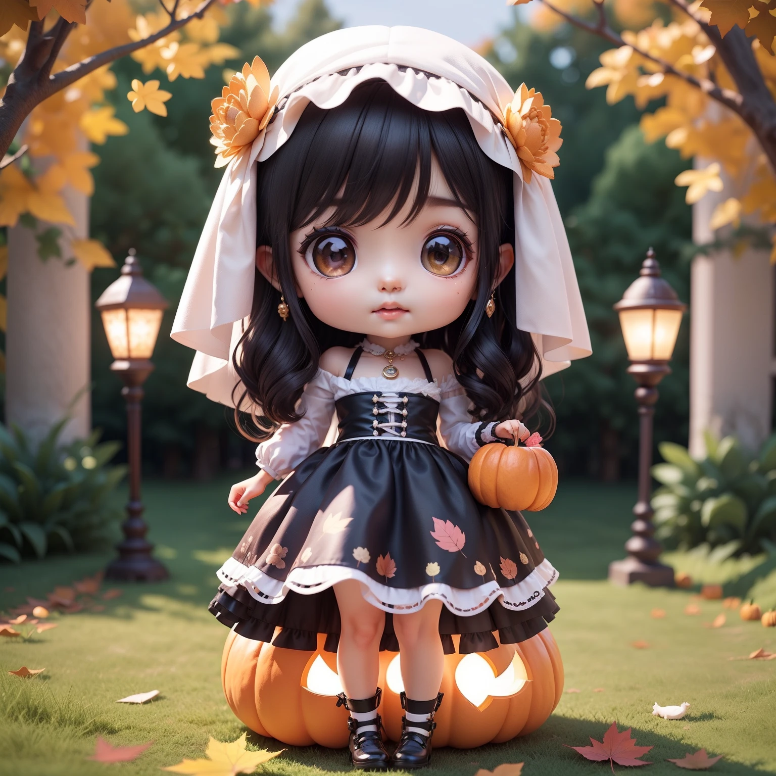 Cute  Chibi Anime,(((Chibi 3D))) (Best Quality) (Master Price)、Chibi Model、Black and purple retro dress、Black hair veil with luxurious jewels、Autumn in the fairytale forest、Lots of realistic pumpkins、On both hands、Have a retro lantern