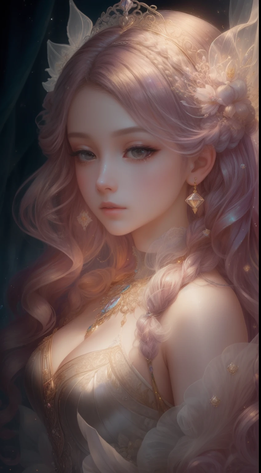 tmasterpiece,Highest high resolution,Beautiful aristocratic maiden,Delicate braided hair,Coiled hair,Shining clear eyes,The hair is covered with beautiful and delicate floral craftsmanship, crystal、Diamond jewelry filigree,Ultra-detailed details,upscaled,softlighting。Pastel, Dreamy, Whimsical, Delicate, Gorgeous golden shell crown, Epic surrealism, The upper part of the body,Meticulous, Magnificent, max details, extremely hyper aesthetic,upscaled