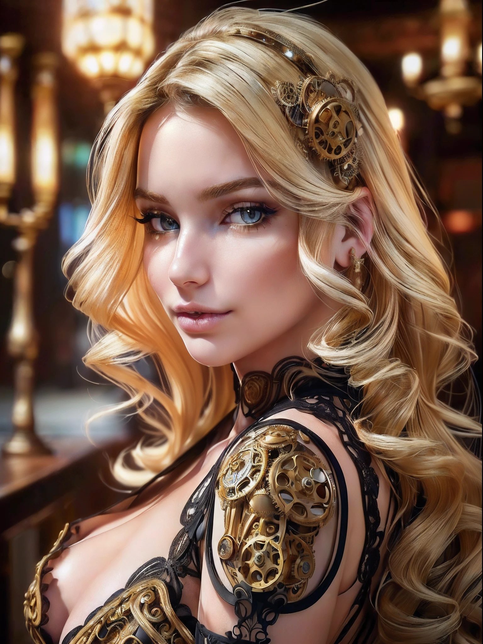(((masterpiece))) ((high resolution)), beautiful steampunk blonde slightly smiling Spanish senorita, wavy hair, perfect beautiful face, shapely legs, ultra-detailed facial features, sharp symmetrical eyes, soft skin, steampunk, analog photography, extremely detailed, ultra-realistic, unreal engine, intricate details, very pretty, stunning, intricate detail, hyper-realistic, intricate detail, highly detailed, intricately detailed steampunk, wide depth of field,