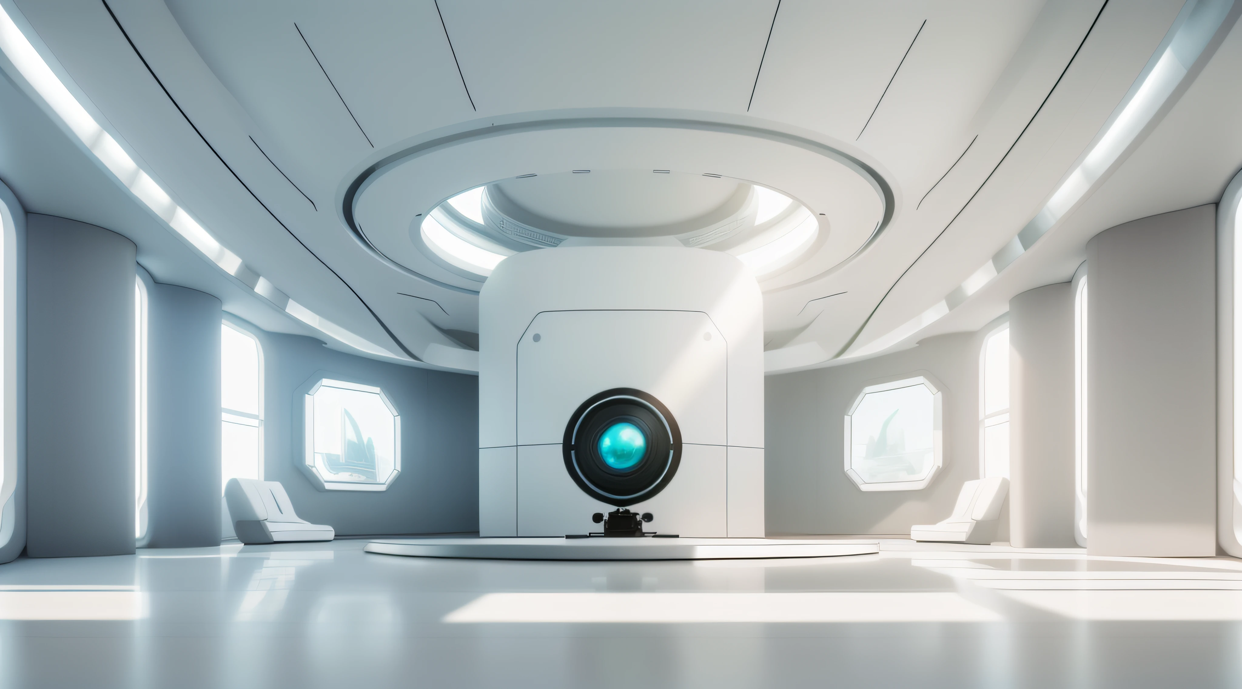Futuristic minimalist white sci-fi studio,There is a large glass podium in the center of the stage,Embedded in the distant wall is a giant AI brain, first person perspective,wide wide shot,in a panoramic view,35mm,Highlight,high detal,8K,A high resolution
