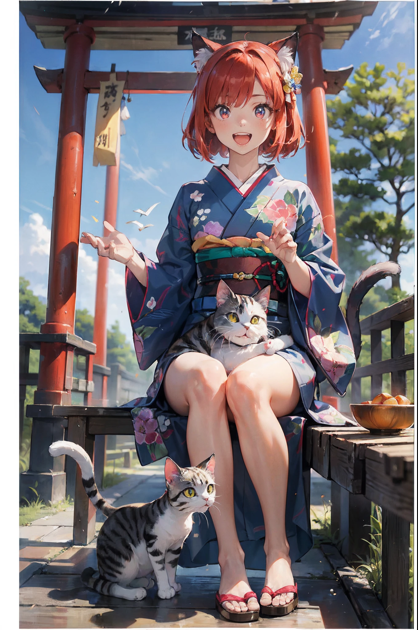 masutepiece, Best Quality, Detailed beautiful face and eyes, Full body, The best illustrations, PastelColors, (jpn、Shrine 1.4), Red torii gate, beauitful face, blurry backround, beautiful girl, shinny skin, (1The tail of a cat in a book grows:1.3), Sharp pupils, Realistic pupils, Glowing red hair, bob cuts, Eyes are yellow, Cat's ears, Floral hair ornament, Opens mouth and laughs, Happy expression on face、Curve, (Kimono:1.2), facing front