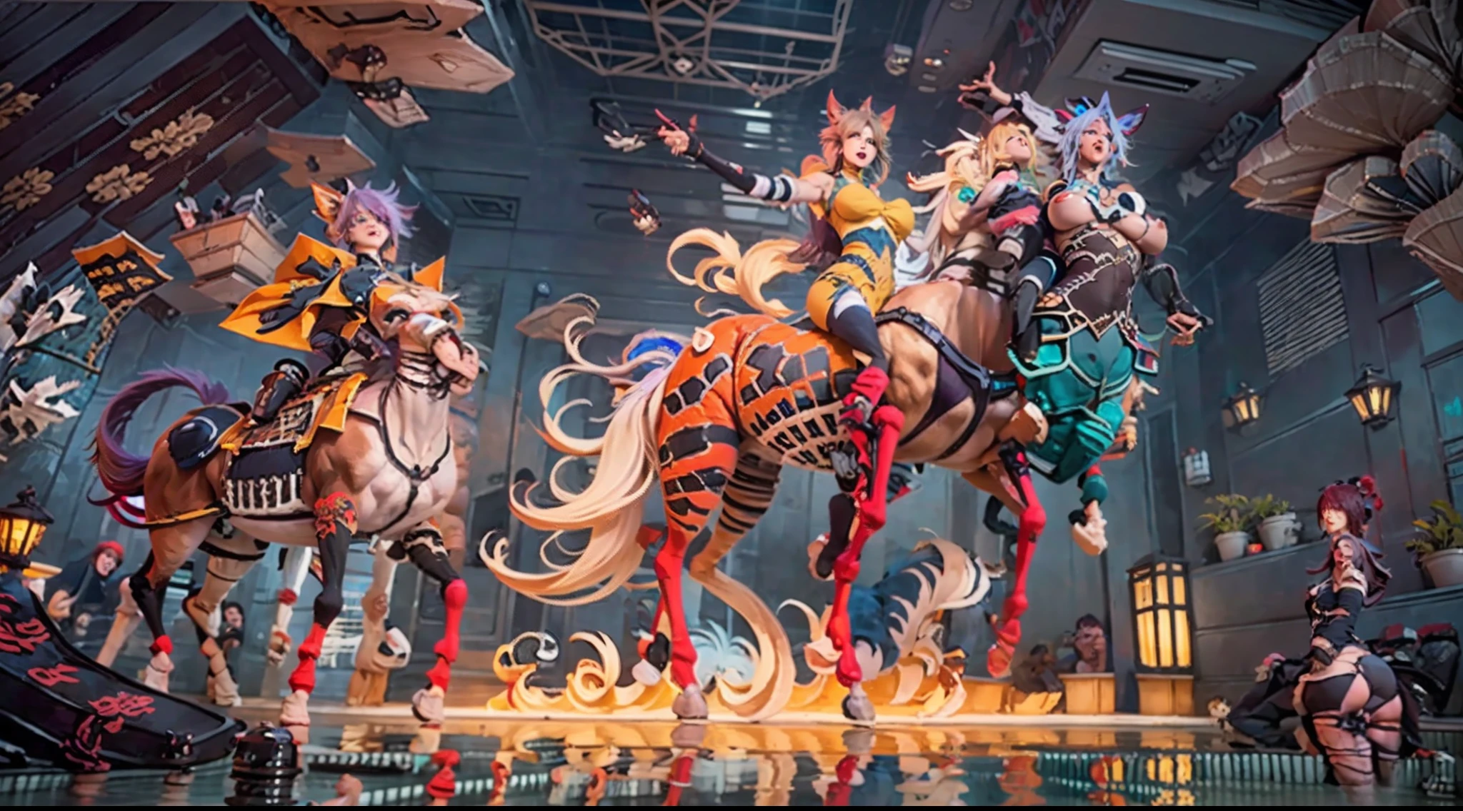 In the beautiful illustration of this super-grand scene，The ultra-long-range lens is shown（Over eight unique centaur characters：9.9），They all have their own characteristics，Vivid and interesting。Radiant angelic centaurs from the heavenly realm，To the hellish centaurs surrounded by nightmarish flames，And then to the Wind Fairy Centaur dancing in the air，There are also one-horned centaurs surrounded by thunder and lightning，and mechanical centaurs that shine with metallic light，And then to the powerful dragon centaur with colored dragon scales covering the whole body，The elegant and agile elf centaur always wears a flower crown with its slender graceful lines，Enchanting and charming Tiflin centaurs。Each character has their own unique charms and abilities。The illustration uses advanced artistic techniques and tools，（Divide the scene into sections by geometric arrangement：9.9），Each section corresponds to a centaur character，This makes more efficient use of space。Through Midjourney's advanced brush tools、Color palette、Material packs and model packs，For each centaur, beautiful props are designed to increase racial characteristics、Clothing and physical features，Enhances the character's personality and visual appeal。The scenery in the illustrations is stunning，There are changing skies、rainbowing、extreme light、Stars and Moon。Incorporating iconic landmarks such as Mount Everest，and fireworks、tranquil lake、Natural and urban elements of waves and neon lights，Creates a magical atmosphere。The centaurs display their unique abilities and equipment in a variety of environments，This is true even in extreme alien landscapes。（Use Midjourney's tools、Material packs、Texture tools、The color palette makes depicting details vivid and realistic：9.9），From complex hairstyles and as well as different racial traits、Body、Appearance features、Clothing to real textures，This greatly enhances the realism of the characters and surroundings。The fusion of multiple art styles adds movement to the centaur's