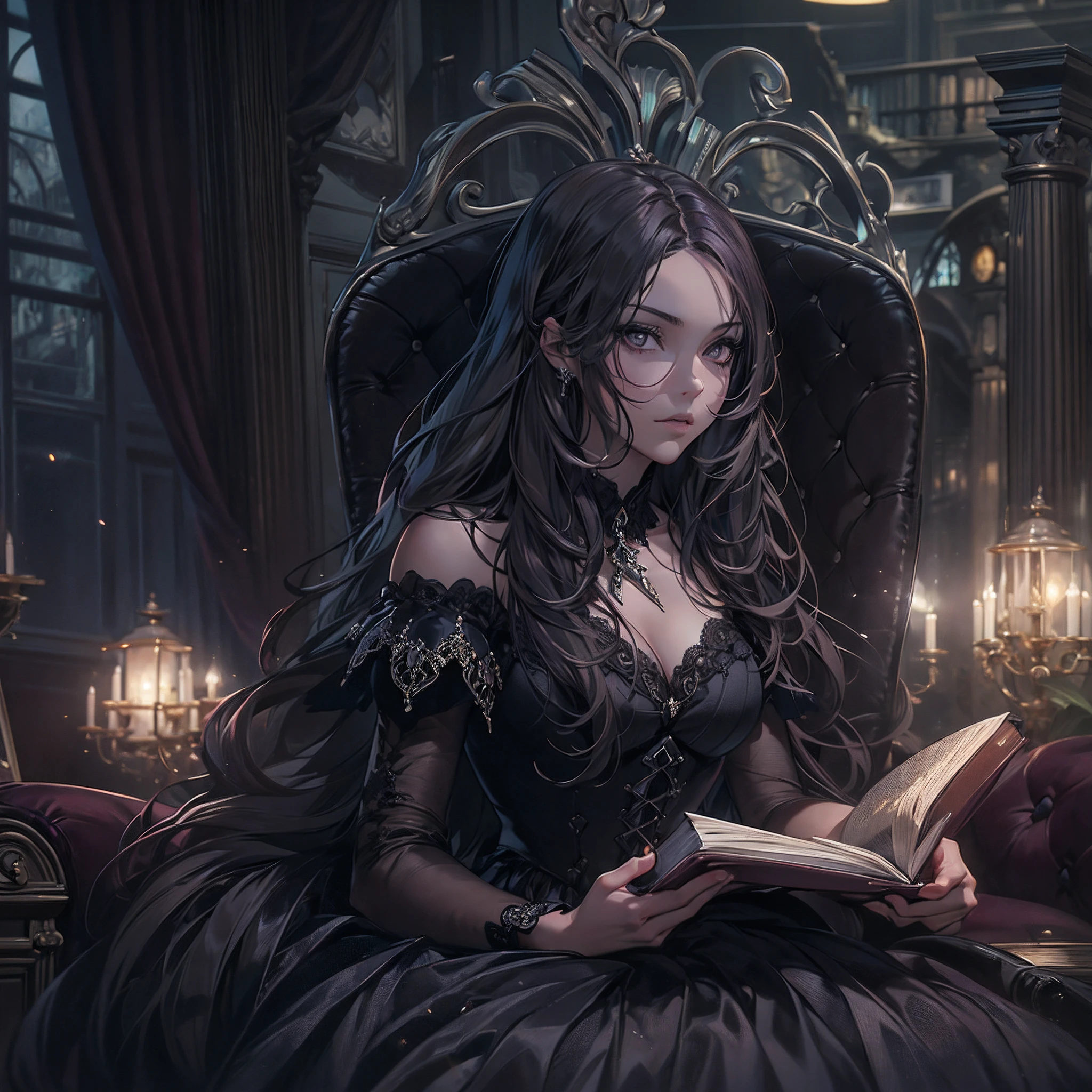 Masterpiece, top-quality, 4k, VERY highly detailed room background, gothic girl, sharp face, highly detailed black gown, highly detailed face, sitting on a couch reading a book, full body closeup view, looking at the viewer, lighting to the image