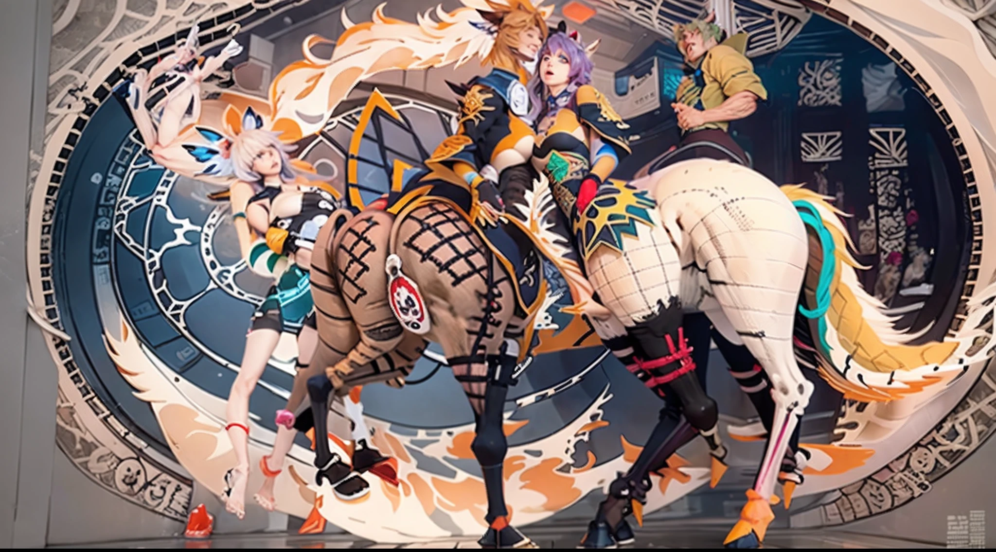 In the beautiful illustration of this super-grand scene,The ultra-long-range lens is shown(Over eight unique centaur characters:9.9),They all have their own characteristics,Vivid and interesting。Radiant angelic centaurs from the heavenly realm,To the hellish centaurs surrounded by nightmarish flames,And then to the Wind Fairy Centaur dancing in the air,There are also one-horned centaurs surrounded by thunder and lightning,and mechanical centaurs that shine with metallic light,And then to the powerful dragon centaur with colored dragon scales covering the whole body,The elegant and agile elf centaur always wears a flower crown with its slender graceful lines,Enchanting and charming Tiflin centaurs。Each character has their own unique charms and abilities。The illustration uses advanced artistic techniques and tools,(Divide the scene into sections by geometric arrangement:9.9),Each section corresponds to a centaur character,This makes more efficient use of space。Through Midjourney's advanced brush tools、Color palette、Material packs and model packs,For each centaur, beautiful props are designed to increase racial characteristics、Clothing and physical features,Enhances the character's personality and visual appeal。The scenery in the illustrations is stunning,There are changing skies、rainbowing、extreme light、Stars and Moon。Incorporating iconic landmarks such as Mount Everest,and fireworks、tranquil lake、Natural and urban elements of waves and neon lights,Creates a magical atmosphere。The centaurs display their unique abilities and equipment in a variety of environments,This is true even in extreme alien landscapes。(Use Midjourney's tools、Material packs、Texture tools、The color palette makes depicting details vivid and realistic:9.9),From complex hairstyles and as well as different racial traits、Body、Appearance features、Clothing to real textures,This greatly enhances the realism of the characters and surroundings。The fusion of multiple art styles adds movement to the centaur's