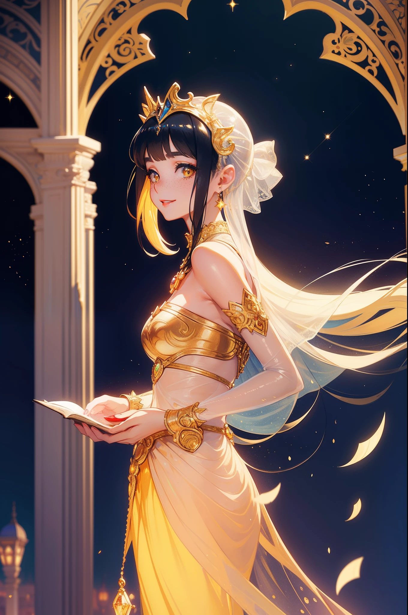 (Masterpiece), (best quality), illustration of young girl with freckles、blushed, anime, 1. **fashion**: wearing Arabian night style attire, 2. **hairstyle on**: (very very long shining bright transparent Hair:1.5), tie her hair up, hair color is platina blond, transparent and shining hair, 3. **Features**: (((a girl like Audrey Hepburn in Roman Holiday))), (smiling), (best angle), Looking to the Viewer, Contemporary Girl),(Big yellow crystal eyes), (round red lips), girl features with soft features、Beautiful、warm atmosphere, intelligent Beatty, Beautiful, smiling, happy, thinking about her boyfriend, looking to the viewers, 4. **accessorized**:Accessories play important role to express her feeling, By drawing accessories with attention to detail、You can give your character personality. 5. **background**: (fantastical and translunar Arabian night background:1.4), (surreal:1.3), (shining brightly), ((dazzling)), ((3D)), ((paper art:1.3)), (((colorful tone))), (Art Nouveau illustration:1.3, paper art:1.4), (Reasonable design, Clear lines, High Sharpness, Best Quality, Very detailed, masterpiece, Movie Light Effects, 8K), (3D), Colorful, Happy, best angle, fashion photo , model, cool