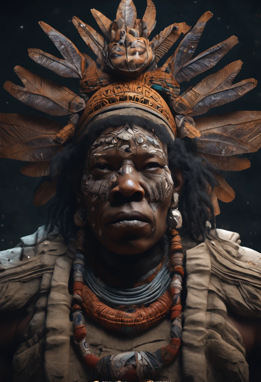 (professional 3d render:1.3) af (Realistic:1.3) The most beautiful artistic photo in the world,Indigenous wearing a stone primitive totem mask, Wear meticulous and intricate ADE, Wry smile in the eyes, Cosmic God,Impreseesionismo,afrofuturist, Full body 8K unit rendering, skin pore, very dark lighting, heavy shading, A detailed, Detal Face, (vibration, Realistic photography, Realistic, Dramatic, ln the forest, foco nítido, 8K), (Old cloth clothes damaged by bad weather:1.4), ((((Use skins)))), (复杂:1.4), decadent, (highly detailed:1.4), digitial painting, Closed forest,rendering by octane, art stations, concept-art, Liso, foco nítido, illustration, From the germ of art, (loish:0.23), wlop ilya kuvshinov, e Greg Rutkowski e Alphonse Mucha Gracias, (global ilumination, studiolight, Light volume), very heavy rain, Floating particles, fanciful, biz, full bodyesbian, ((Dark background starry night:1.3)),CGSesocieda,art stations