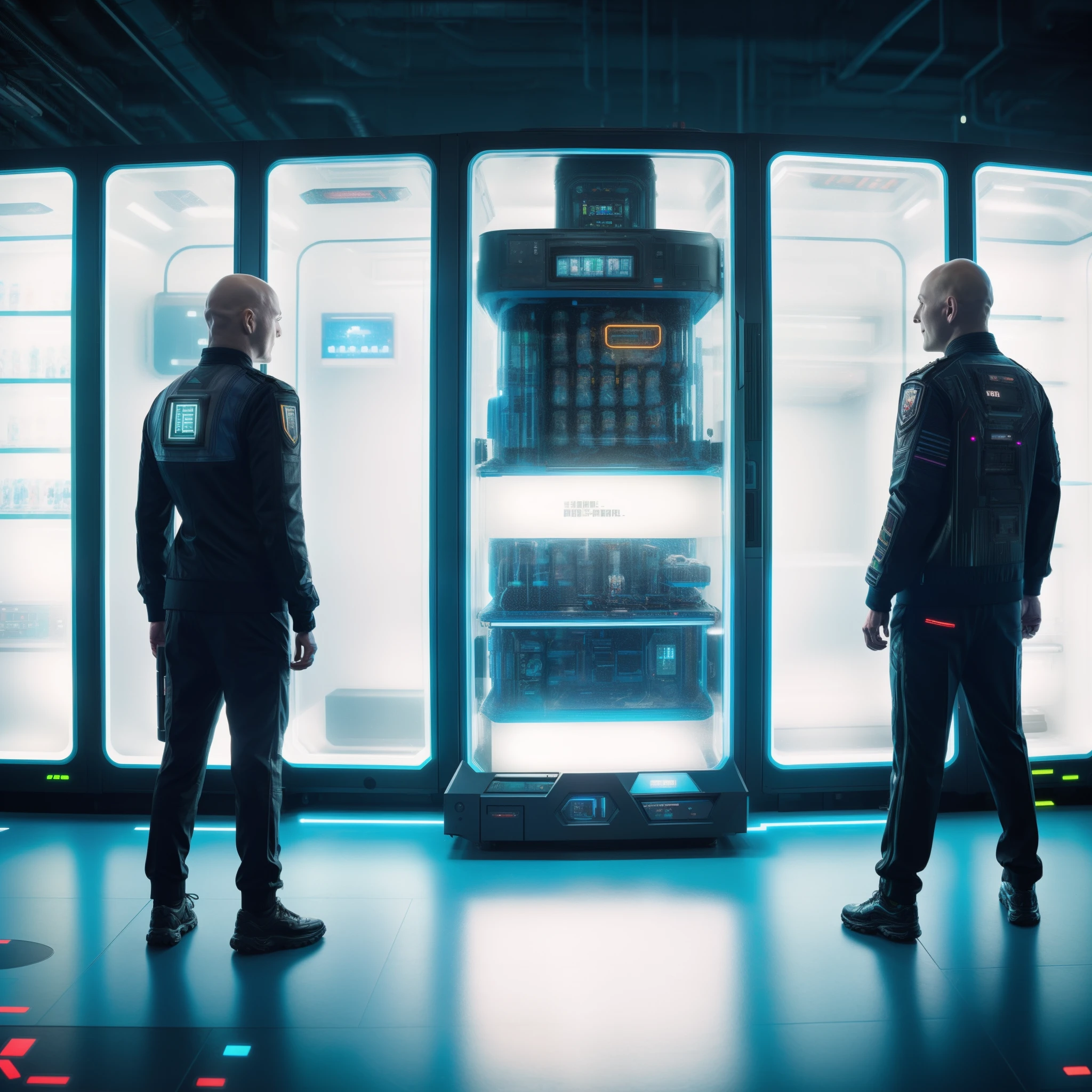 a bald man and woman in cyberpunk uniforms  standing in front of a beeple , in style of beeple, beeple and Jen winkelmann, beeple and Ben hildebrandt, sci-fi vending machine, sci - fi vending machine, robot in a server room, beeple |, beeple style, long hair