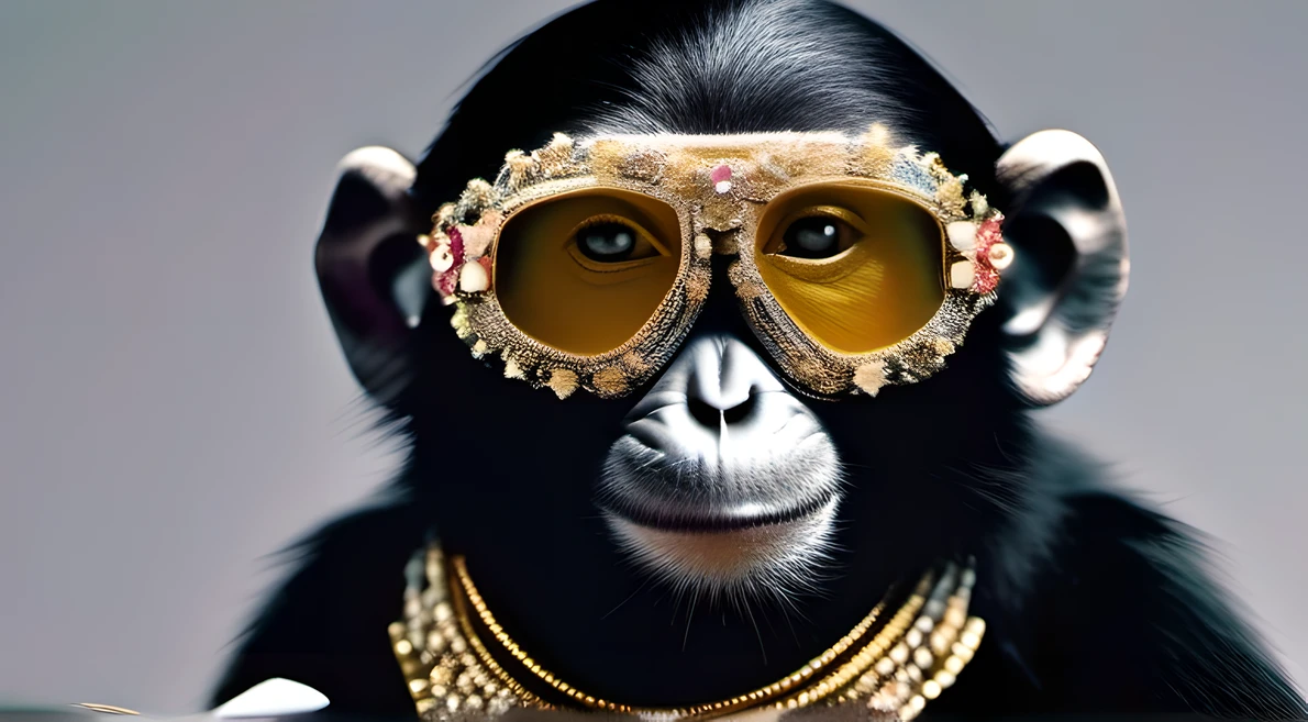 High-Fashion Monkey decked out in a stunning jewelry ensemble, featuring mesmerizing gemstone-studded goggles. The primate confidently strikes a pose against a shimmering background, showcasing the opulent essence of the scene. The composition utilizes a wide shot, capturing the monkey's charismatic fashion sense and the intricate craftsmanship of the jewelry. The lighting creates a soft, ethereal ambiance, further accentuating the monkey's elegance. Photographed by a highly esteemed artist, this image epitomizes the fusion of high fashion and animal magnetism