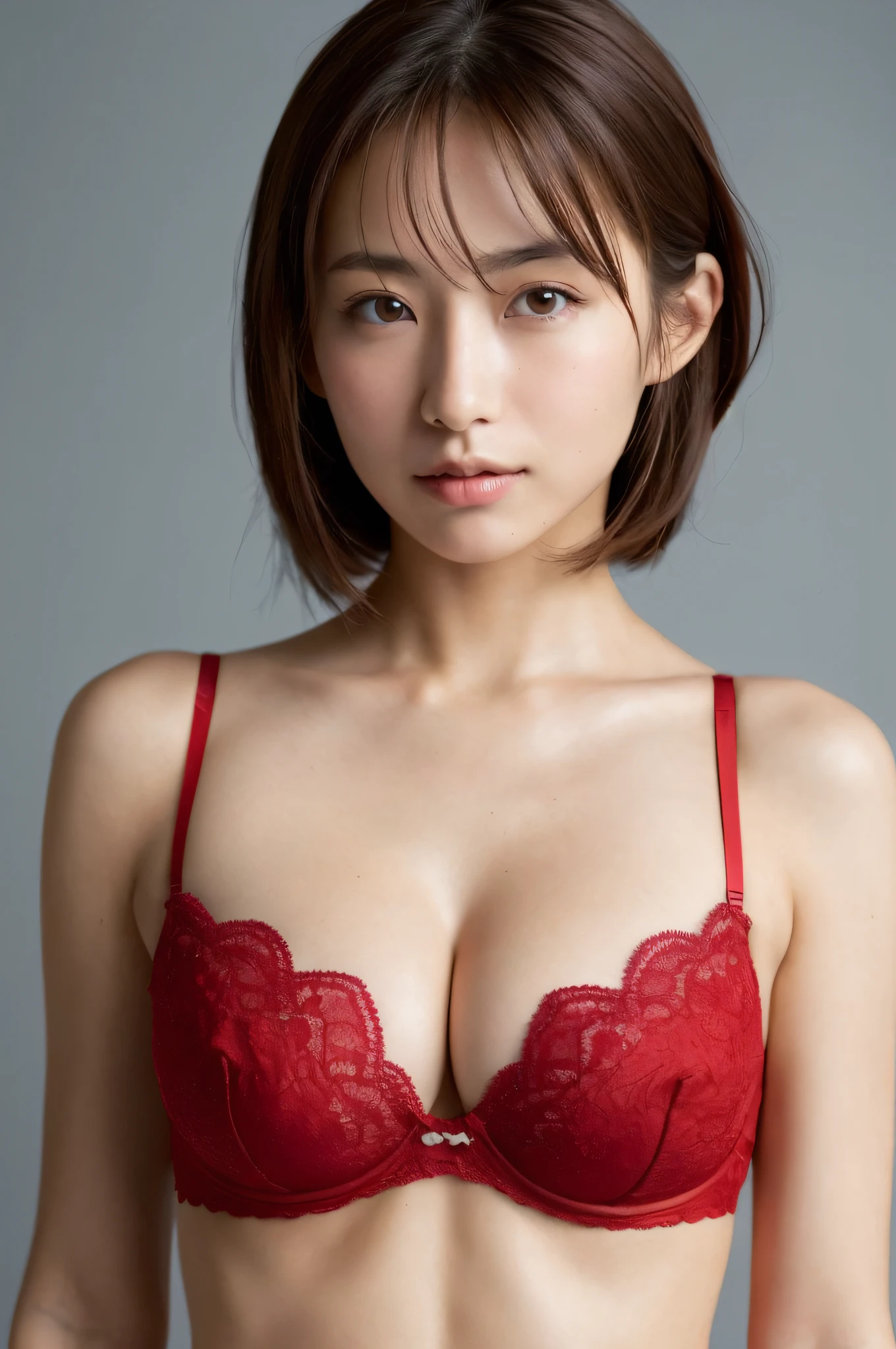 ((Bra Red: 1.5)), Sexy pose sculpture, (masutepiece:1.3), (8K, Photorealistic, Raw photography, Best Quality:1.4), (1girl in), Beautiful face, Realistic face, (Detailed face), Beautiful hairstyle, (detailed hairs), Realistic eyes, (Detailed eyes), Beautiful details, Realistic skin, (Detailed skin), Beautiful skin, Attractive, Ultra high definition, A hyper-realistic, Very detailed, (Big breasts:0.5), Japanese beauty, (slim figure), Gentle, Brown hair, (Supermodel Figures), Cute young Japan girl, Cute young Japan girl, (with a simple gray background), Big breasts :1.2, Enhanced cleavage, bashful, Wide Shot, (Full body), ((Bra Red: 1.5)), ((Bra Red: 1.5))