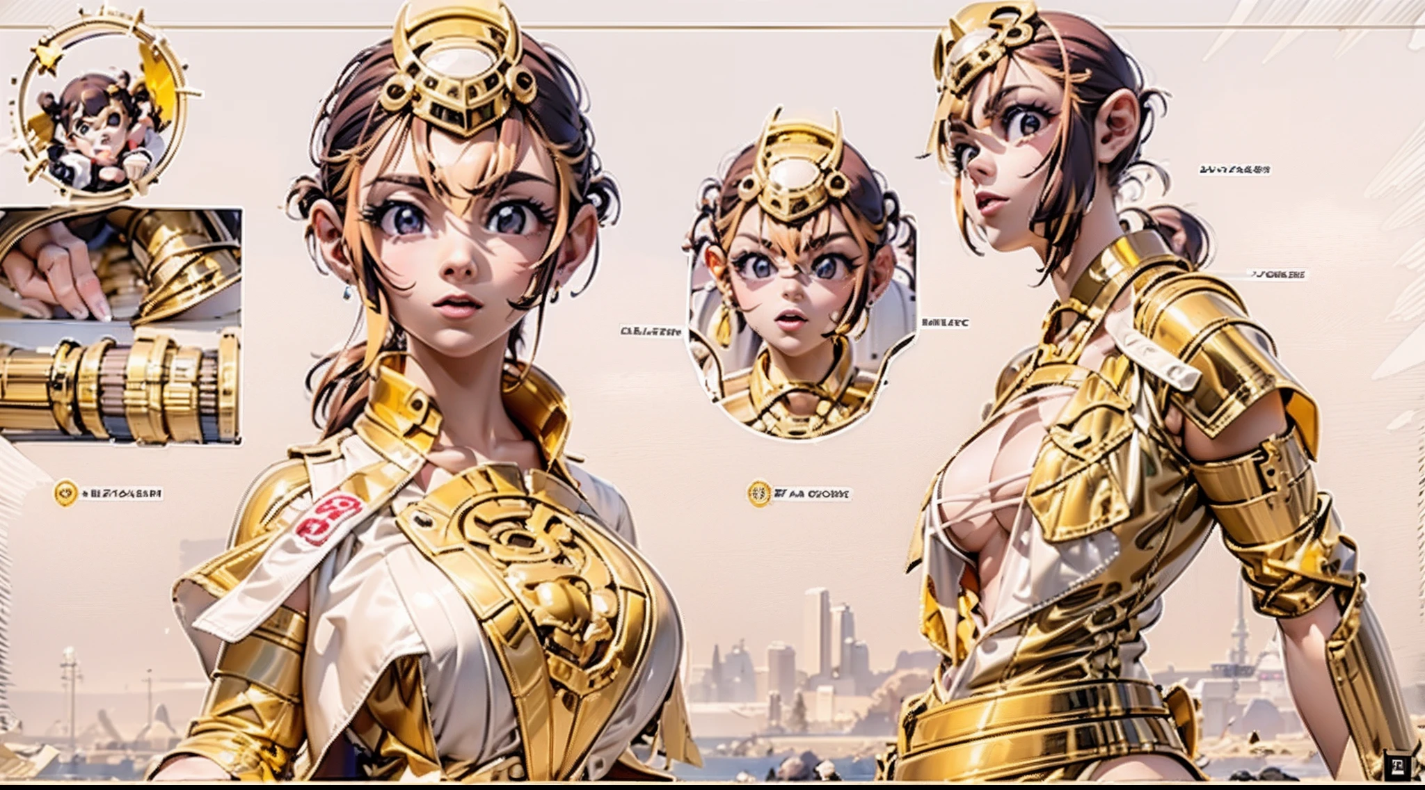 In a very grand scene,The extra-large wide-angle lens captures the appearance of a female monkey。She is tall,It has the ultimate curvy beauty,The muscles are slender and firm,Beautiful lines。Her facial features are tough and coquettish,Always with a sunny smile。She wears special tight-fitting equipment with a strong sense of technology,Step on multifunctional off-road style heels,Their hands, feet, wrists, neck and shoulders are covered with delicate gold protective gear。The detection equipment around you flashes various cue lights and neon-like information screens,Let her exude a charming brilliance。Use Midjourney's advanced tools,Design special skinny gold gear for female monkeys,Highlight her unique physiological characteristics and appearance details,Add realism。And in her adventure scene,Spectacular views of nature,Such as the sky where storms and sunny days alternate、Brilliant rivers of stars and auroras、The snow-capped summit of Mount Everest、Fireworks in the mountain town, etc。ao mesmo tempo,Away from the hustle and bustle of Long Beach Pier is a neon-lit spaceship docked,Create a fantastic scene。Use Midjourney's advanced tools and multiple color palettes、Brush Strokes、Texture tools and model packages,It shows a sense of atmosphere where beauty and charm coexist。Highlight the charm of the female monkey through color and lines,Enhance realism with detailing,Create a surreal dreamy feeling。Additionally,Use Midjourney's tools to add a variety of extreme sports gear and gold culture trinkets to the female monkey,Create intricate hairstyles and gold outfits,Give her a sense of premium。She never flinches,Regardless of the terrain,can respond quickly,Even the extreme geography and dangerous terrain of aliens cannot stop her。Use Midjourney's powerful tools,You can do it with incredible detail and beauty,Bring this ultra-grand and beautiful scene to life。Ultra-grand scenes,super wide shot, hdr,(真实感,Masterpiece quality,best qualtiy),