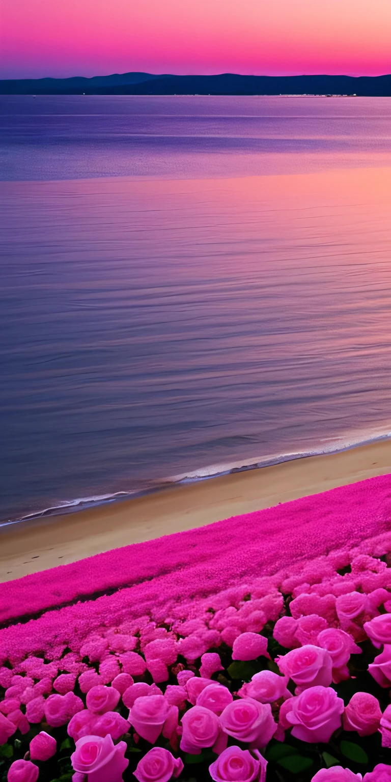 Pink moon, pink sky, soft pink clouds, pink ocean waves sparkling, sparkling, pink roses on pink ocean, fantasy, diamond, crown, universe, soft lights,