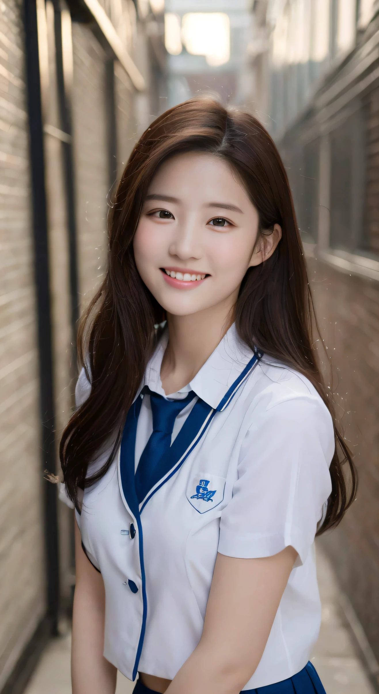 ((Realistic lighting, Bestquality, 8k, MASTERPIECE:1.3)), Sharp Focus:1.2, 1girl, A beauty with a perfect figure:1.4, Slim abs:1.1, ((Dark Brown Hair)), (school uniforms:1.4),(out door,at nighttime:1.1),City street,Ultra-fine face,Fine eyes,Double eyelidd,Pretty Smile closed mouth very thin lips, normal boobs, , closed mouth sad , face detailed don't show teeth,